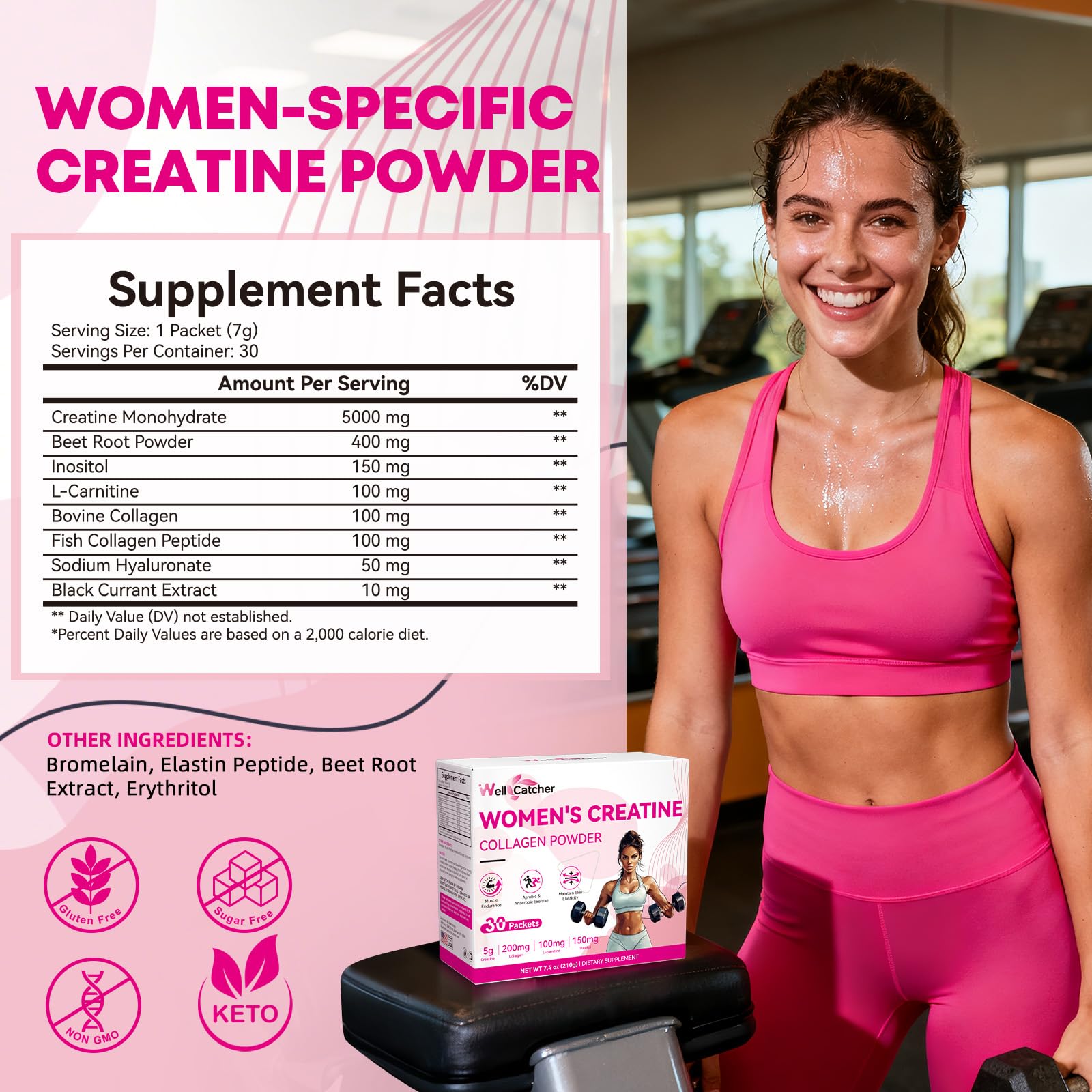 Women‘s Creatine Powder Travel Packets: Creatine Monohydrate Collagen Packs for Pre Workout Muscle Growth & Recovery Skin Elasticity Energy Metabolism with Inositol Beet Root Raspberry Flavor 30 Packs — Amazon image 2