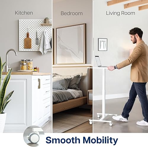 Miniatura 7 de VIVO Carro móvil para portátil de 28 pulgadas, estación de trabajo de escritorio rodante pequeña con altura ajustable, ruedas de bloqueo, blanco,