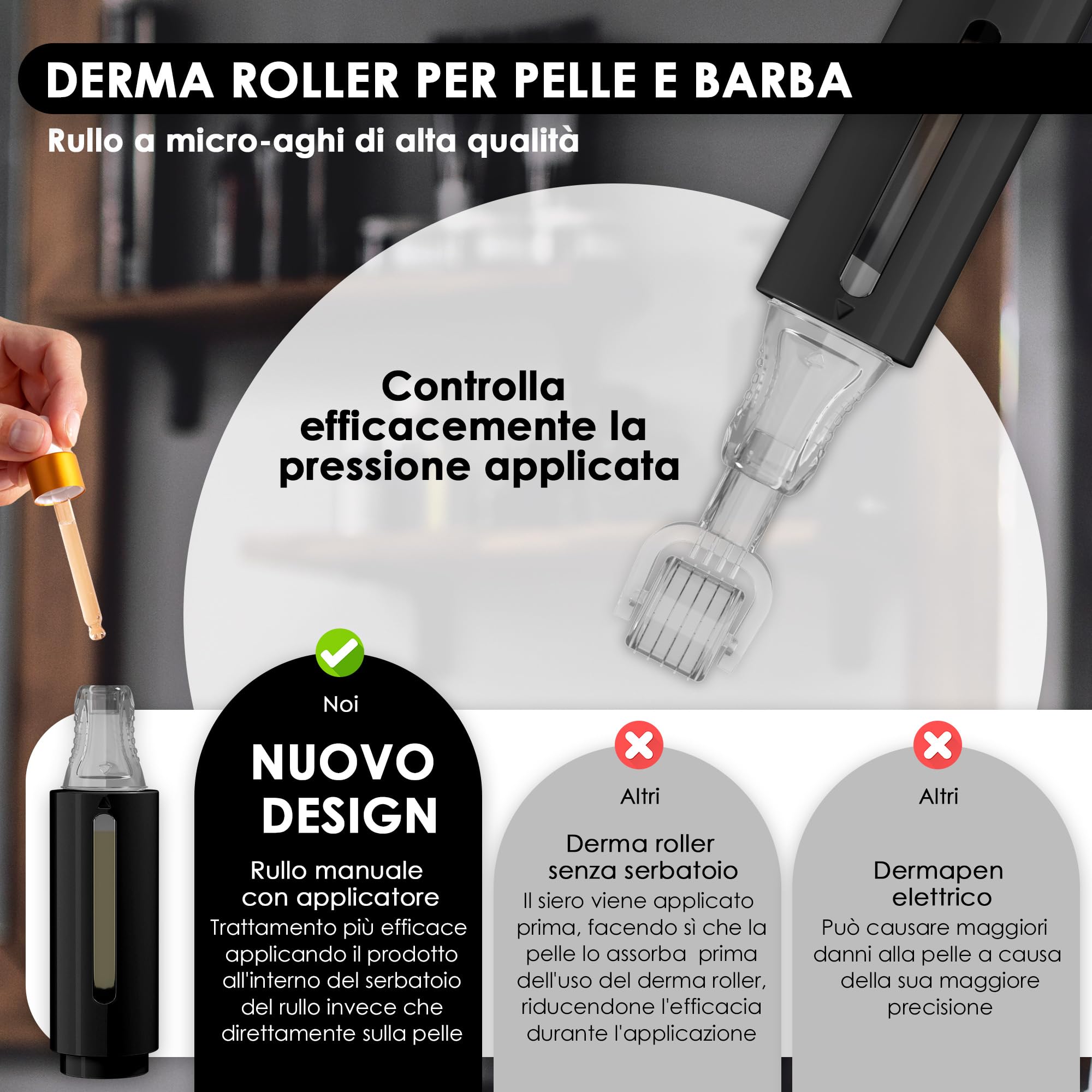 HAMINOS Derma roller 0,5 mm con Serbatoio per Capelli, Barba, Pelle, Rughe, Smagliature, Iperpigmentazione APPLICAZIONE DEL SIERO ISTANTANEO, 105 aghi in titanio