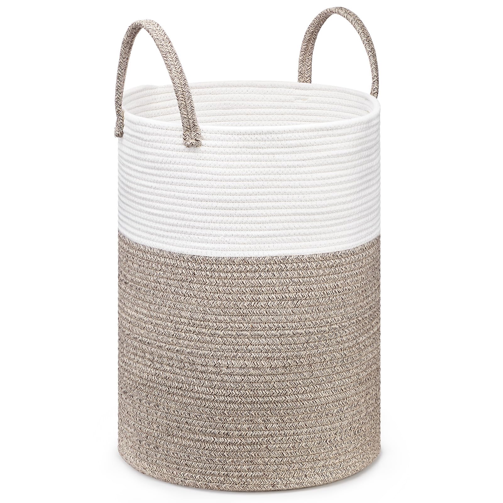 JOJOSEE Large Storage Basket, Rope Laundry Basket with Handle, Tall Woven Rope Storage Baskets,Toy Storage for Kids, Rope Basket for Living Room, Nursery, Bedroom 58L(White & Brown)
