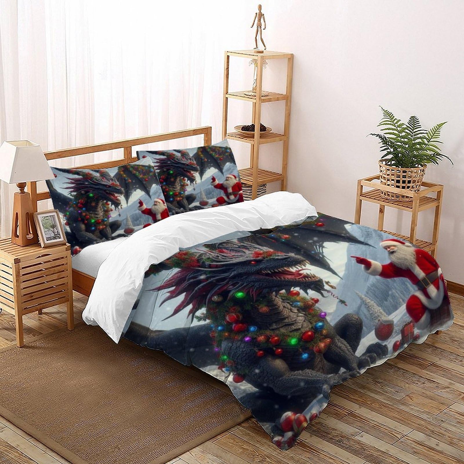 SHOVERKD Dragon Santa Bedding Set 3D Digital Printing Christmas Themes Duvet Cover Set 3 Pieces Microfiber Comforter Cover for Boys & Girls with Pillowcase Double（200x200cm）