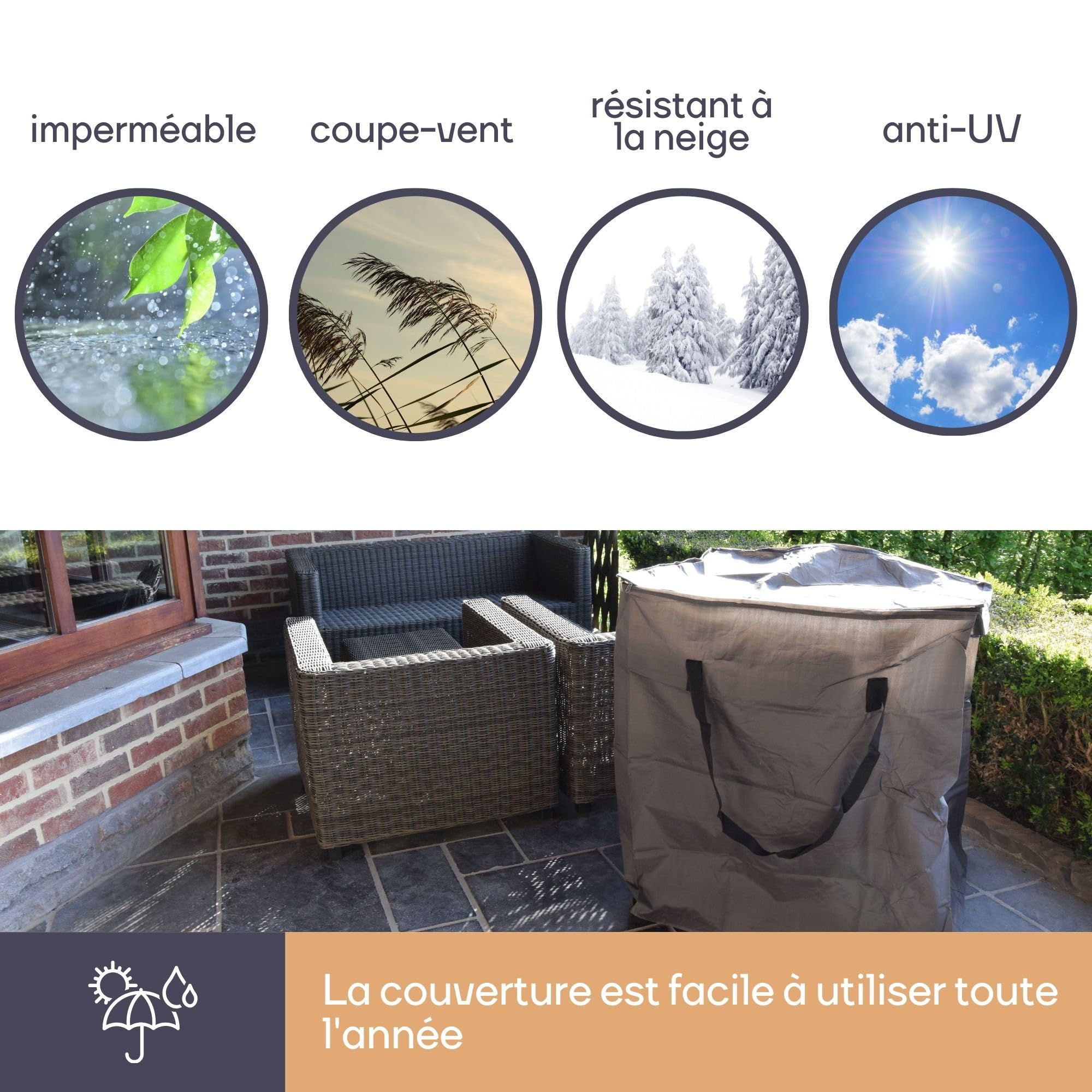 Perel Housse de rangement pour coussins 75 x 75 x 90 cm, sac déperlant pour coussins d’extérieur, housse anti-UV avec poignées pour coussins de jardin et lounge