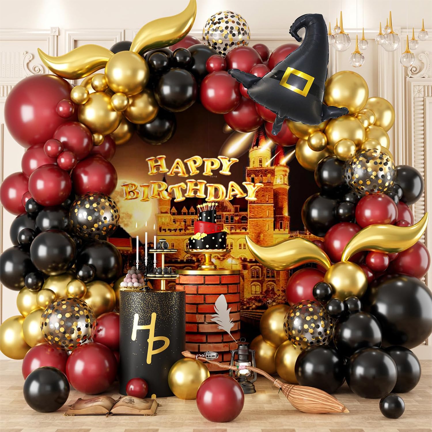 Magic Theme Birthday Decorations 118 Pcs, Magical School Balloon Arch Kit | Wizarding World Party Decorations Balloons Garland | Confetti Gold S-shaped Tail Foil Balloons for Kids/Adults