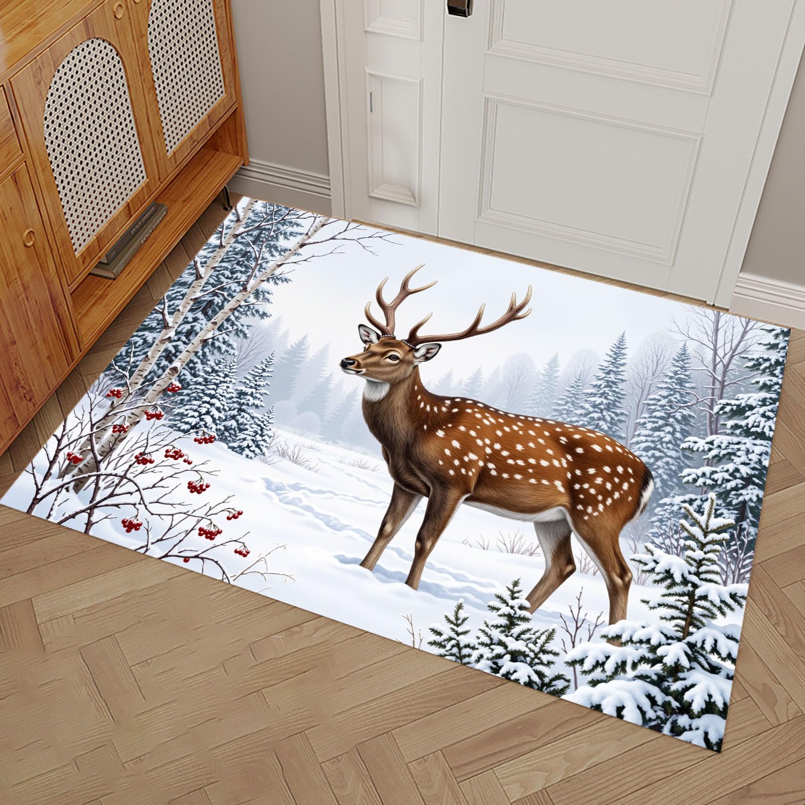 Fußmatte Innen Und Außen 80 X 120 cm,Männlicher Hirsch Winterwald rutschfeste Fußmatte Outdoor,Realistische Tierwelt Fussmatte Aussen Gummi,Schmutzfangmatte Waschbar, Braun