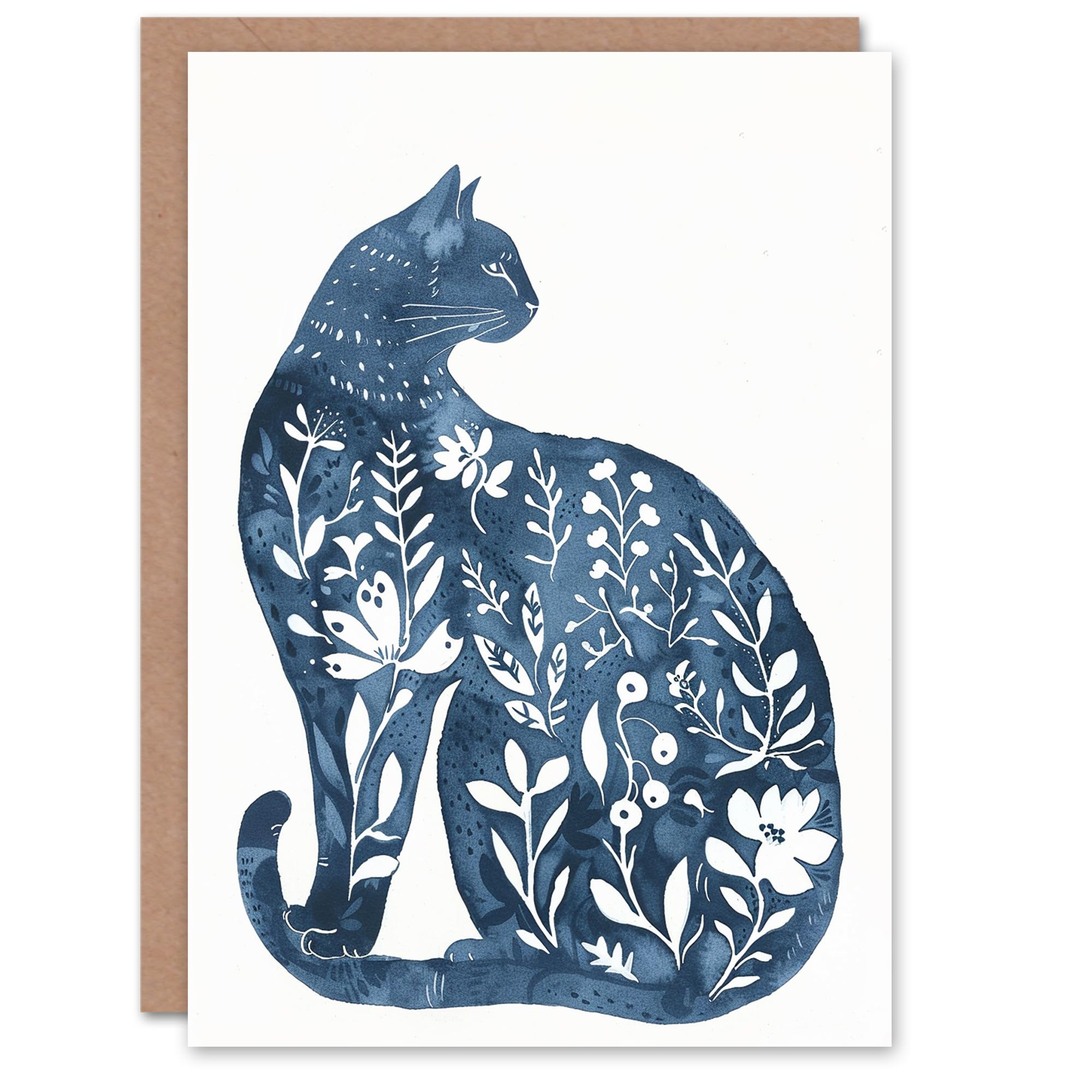 Artery8 Blue Boho Floral Cat Lover Animal Watercolour Blank For Him Or Her Art Birthday Card