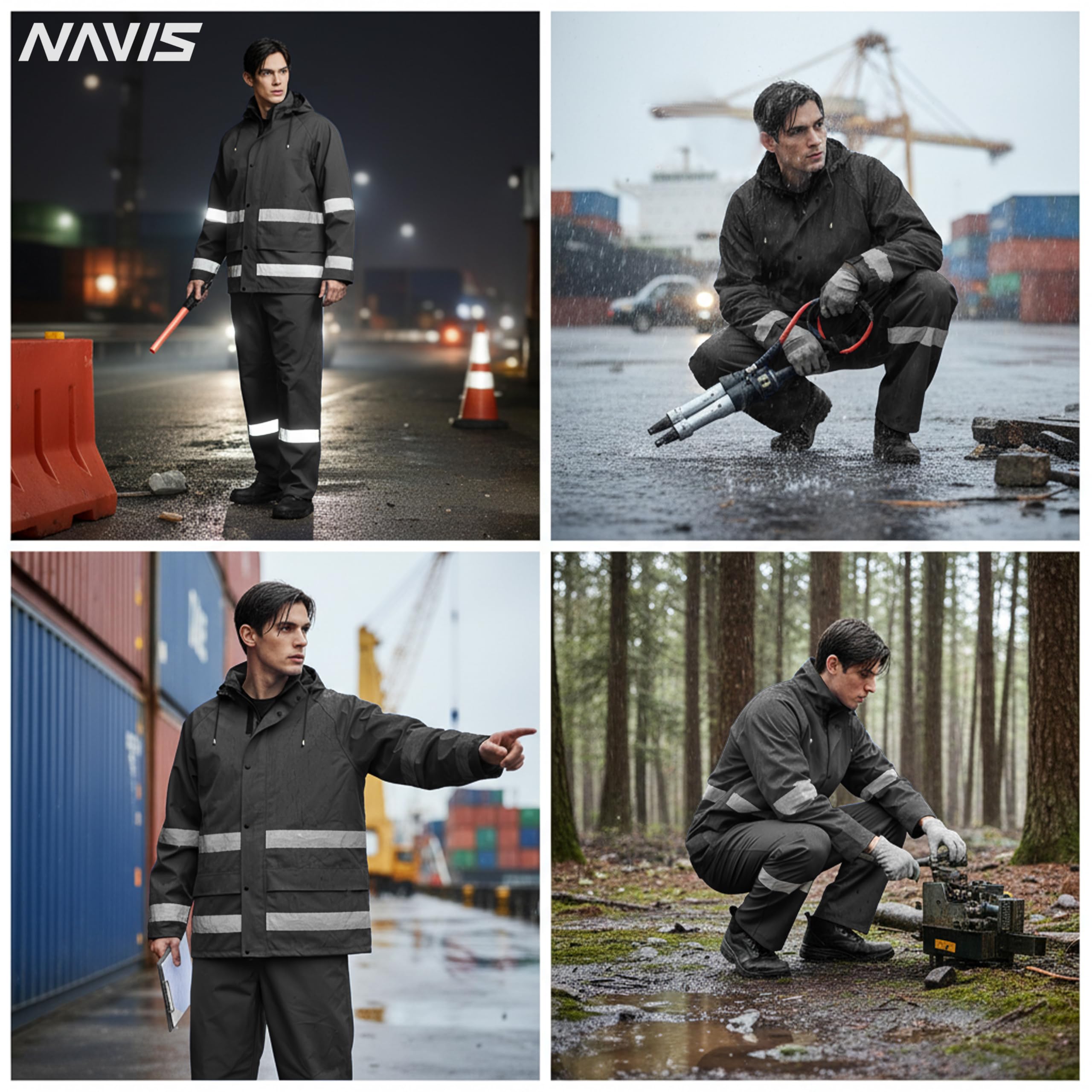 PRO Vêtements de travail imperméables pour homme Veste de pluie et salopette à capuche, 3 pièces, sûre, résistante, fonctionnelle, en nylon Oxford Shell