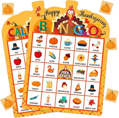 PETCEE Juego de bingo de Acción de Gracias para niños y adultos, 26 jugadores, tarjetas de bingo de Acción de Gracias, juego de bingo de otoño para