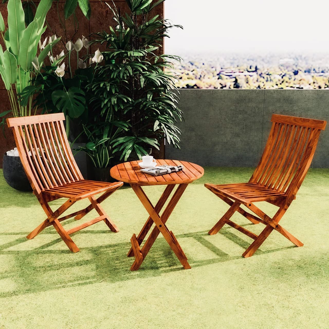 Dews Furniture Sheesham Wood Foldable 2 Chair and Table for Balcony - Wooden Coffee Table Set for Garden Outdoor - Patio Bistro Sets Terrace Furniture (Teak Finish) (2 Chair & Round Table)-image-46