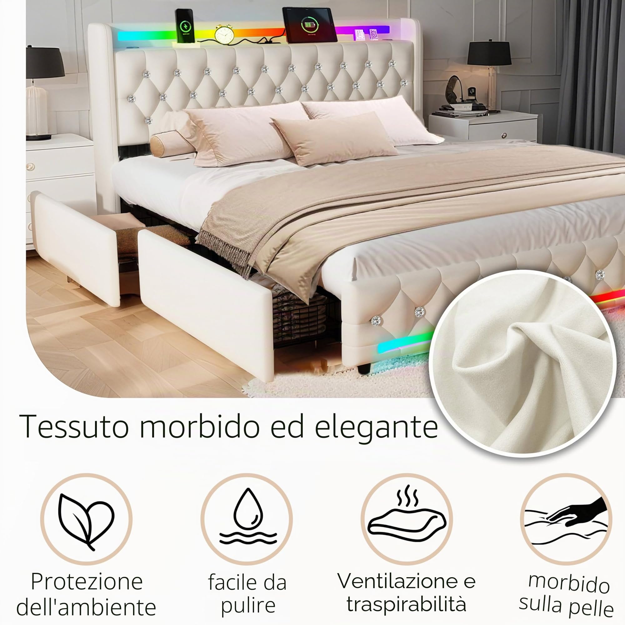 Letto Imbottito Moderno con Illuminazione LED, Altoparlante Bluetooth, 4 Cassetti di Archiviazion, Tessuto in Velluto con Ricarica USB/Type-C,160x200 cm, Beige