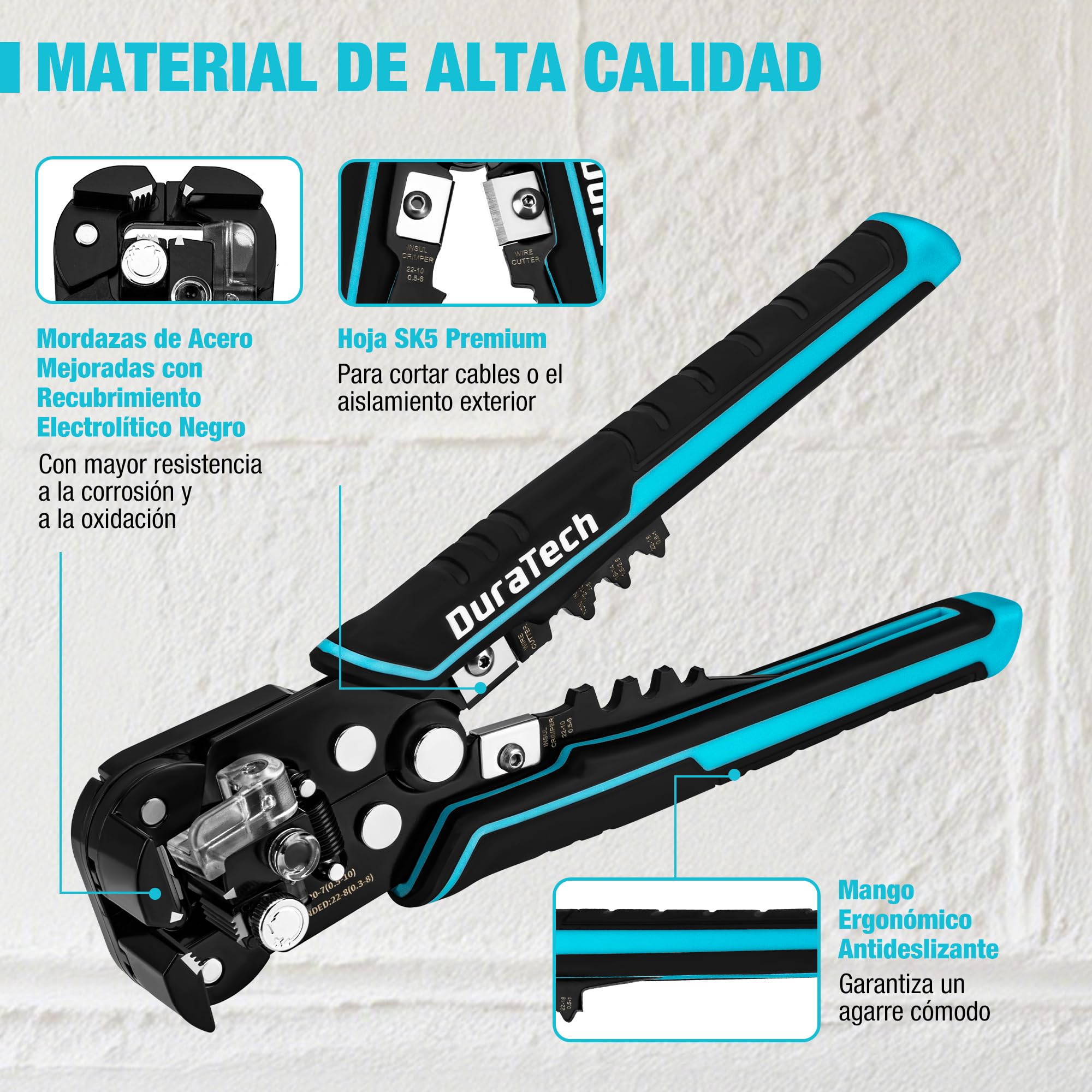 DURATECH Pelacables Automático Autoajustable 3 en 1 | Herramienta para Pelar, Cortar y Crimpar Cables de 0,5-10mm² y 0,3-8mm² para Trabajos Eléctricos