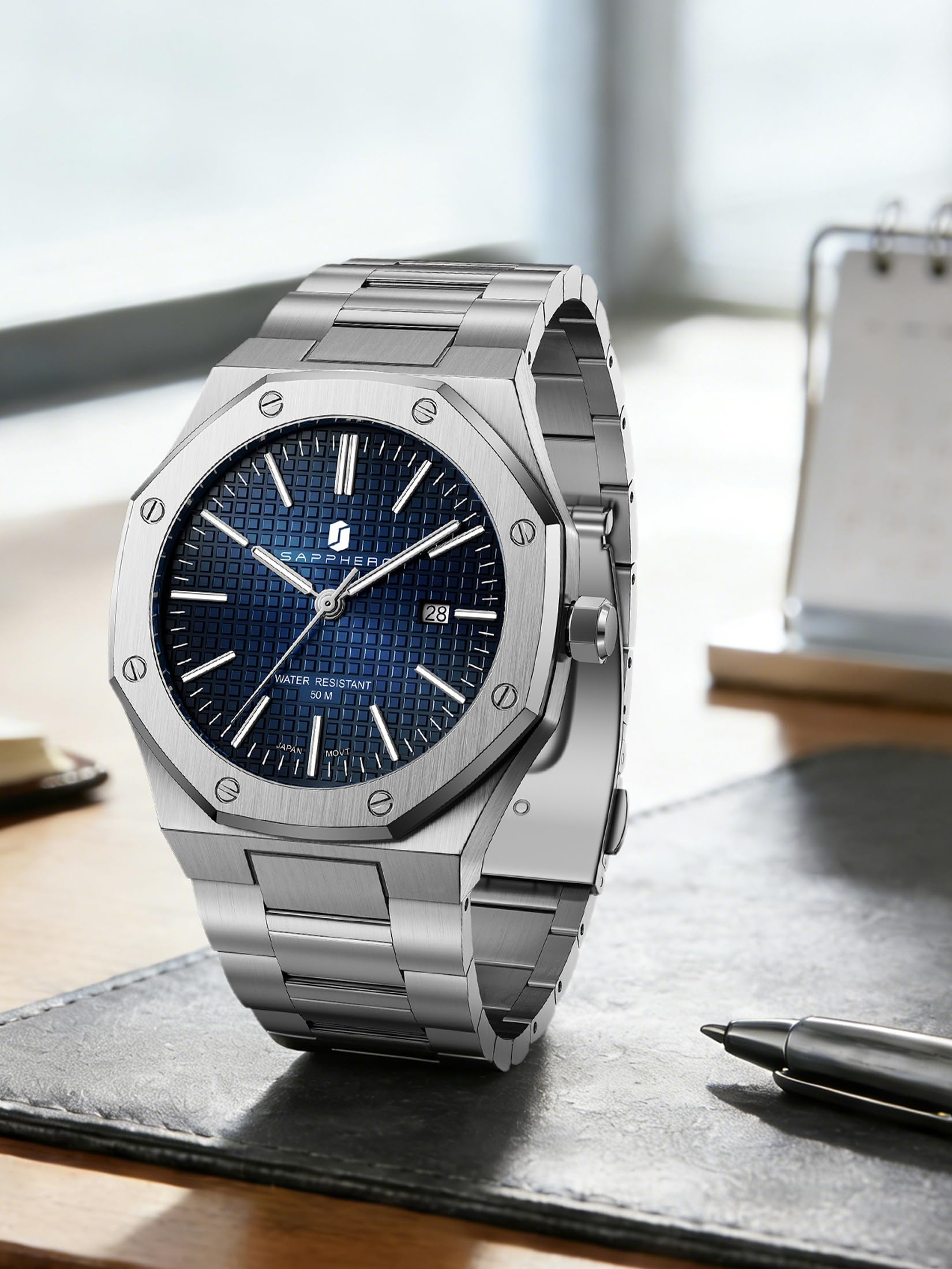 SAPPHERO Montre pour Hommes en Acier Inoxydable Montre Homme 50M Montres octogonales étanches Hommes Mouvement à Quartz Japonais Affaires décontractées avec Date et Fonction Lumineuse