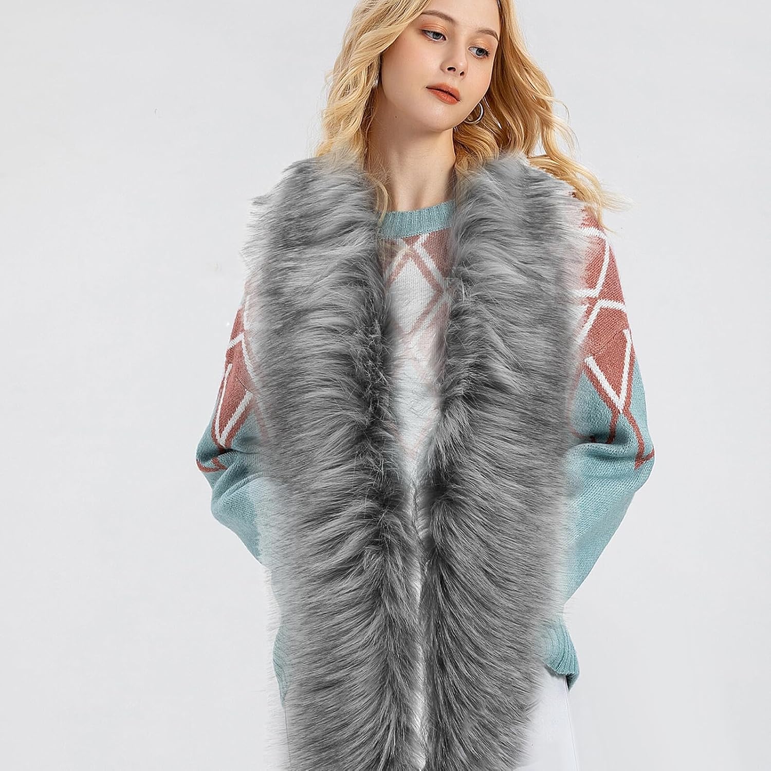 KOMBIUDA Faux Fur Shawl Collar Long Wrap for Women Winter Warm Thick Extended Scarf Stole Gray White 180cm Cold Weather Accessories