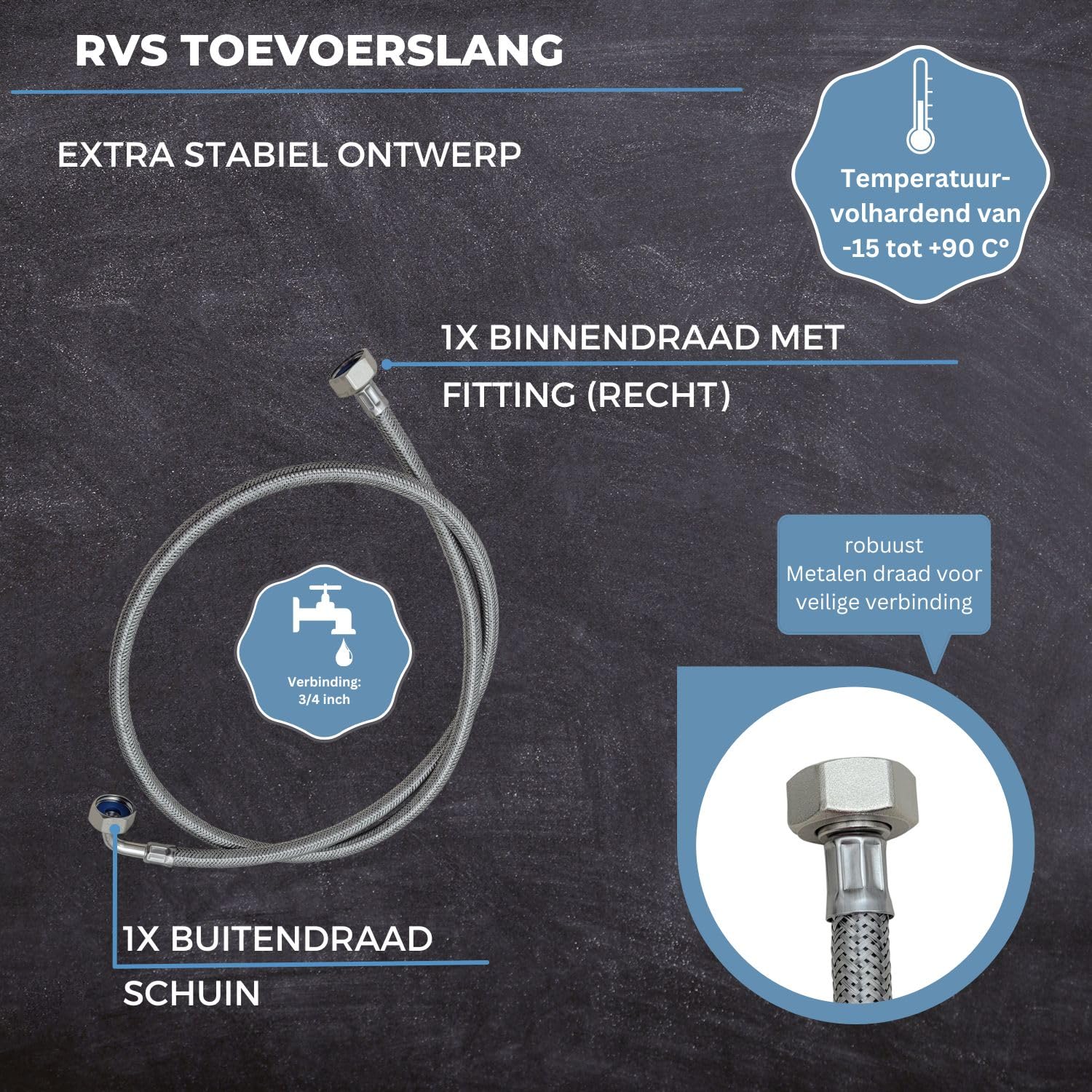 H2O-Flex® Aquastop Verlengslang 1 m voor de wasmachine of vaatwasser, knikbestendige DN13 pantserslang met 3/4 inch aansluitingen (ÜM x AG), met drinkwatergoedkeuring en roestvrijstalen vlechtwerk
