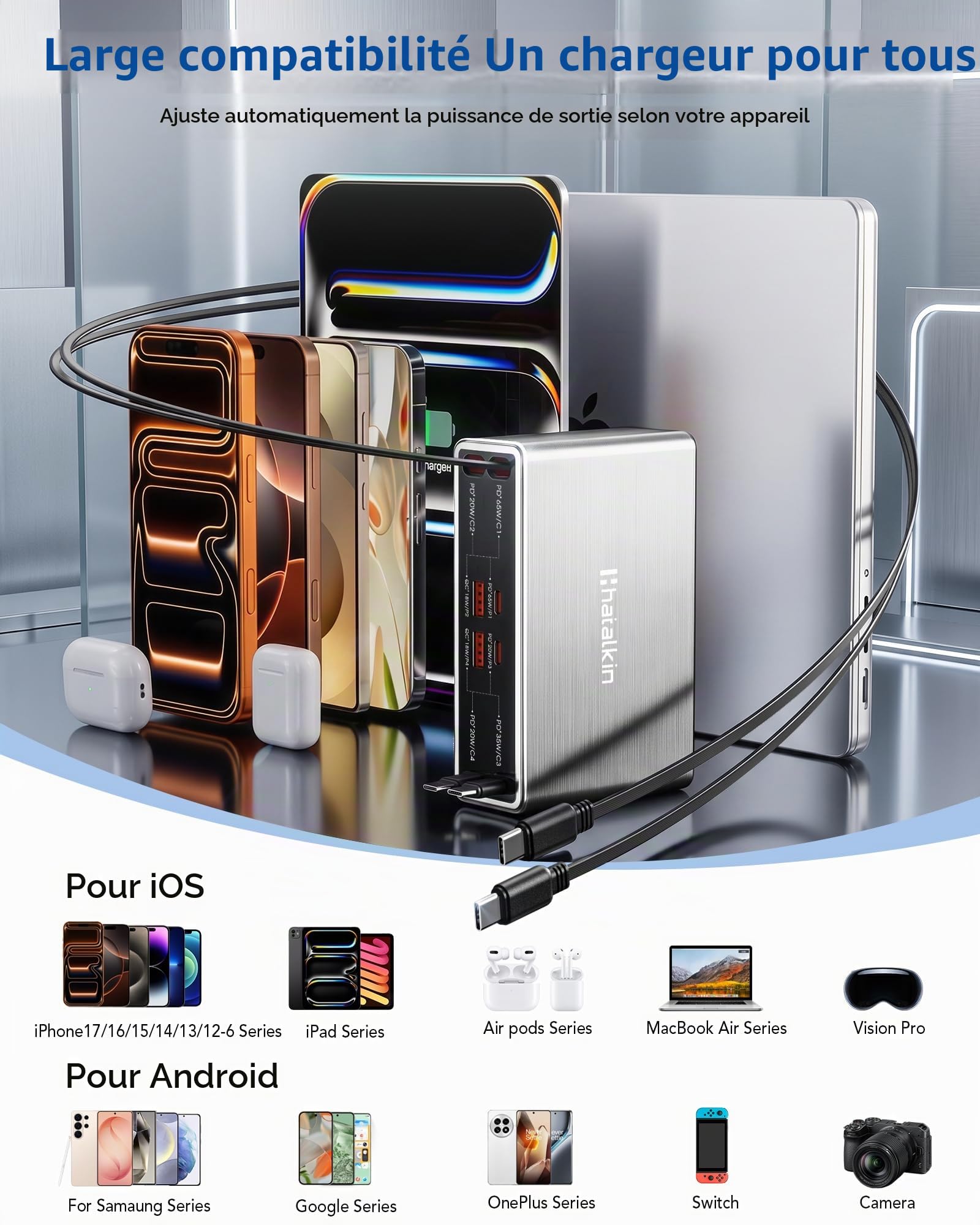 Chargeur rétractable 8 en 1 USB C, station de charge 105 W, plusieurs