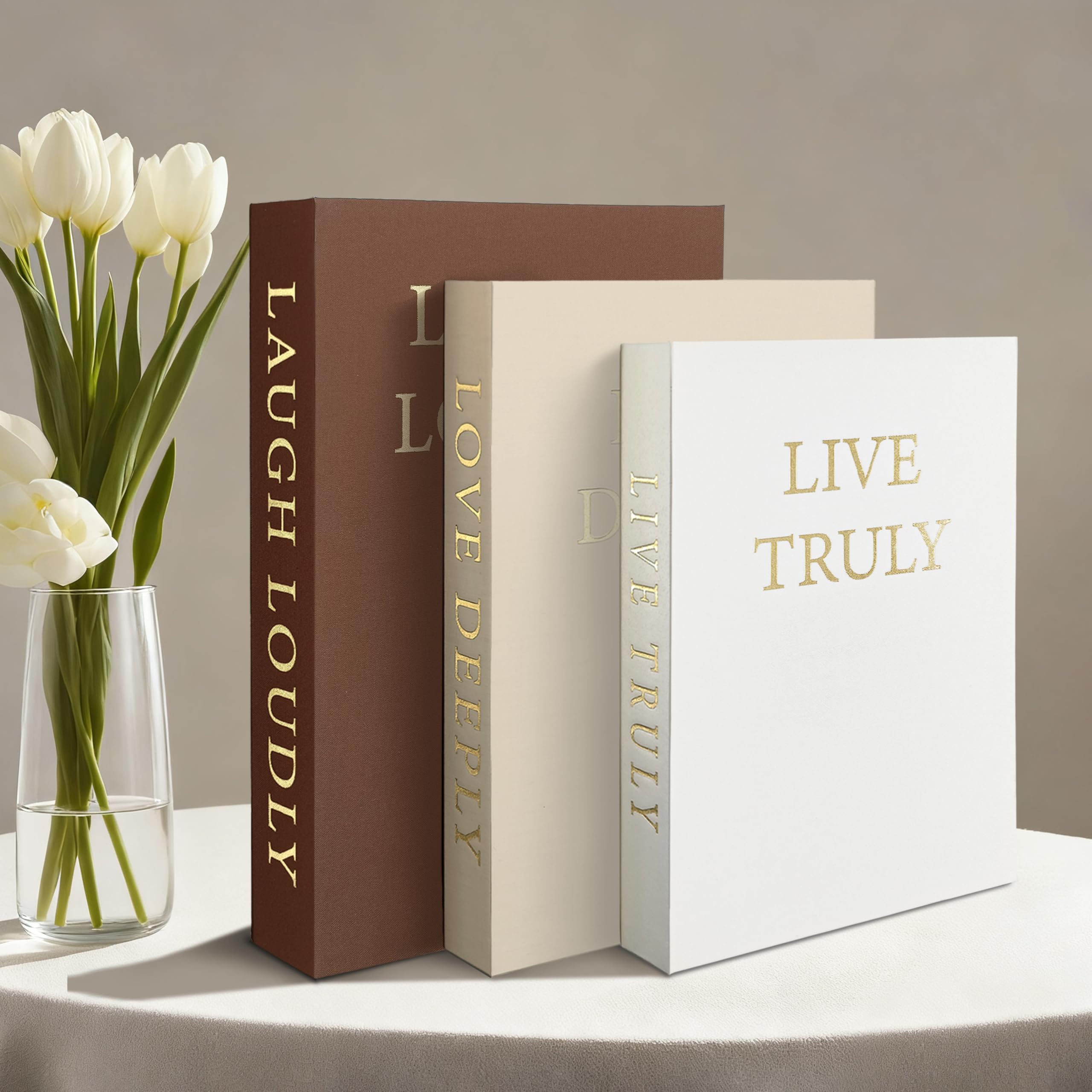 Lot de 3 faux livres décoratifs en lin beige pour l'organisation de table basse