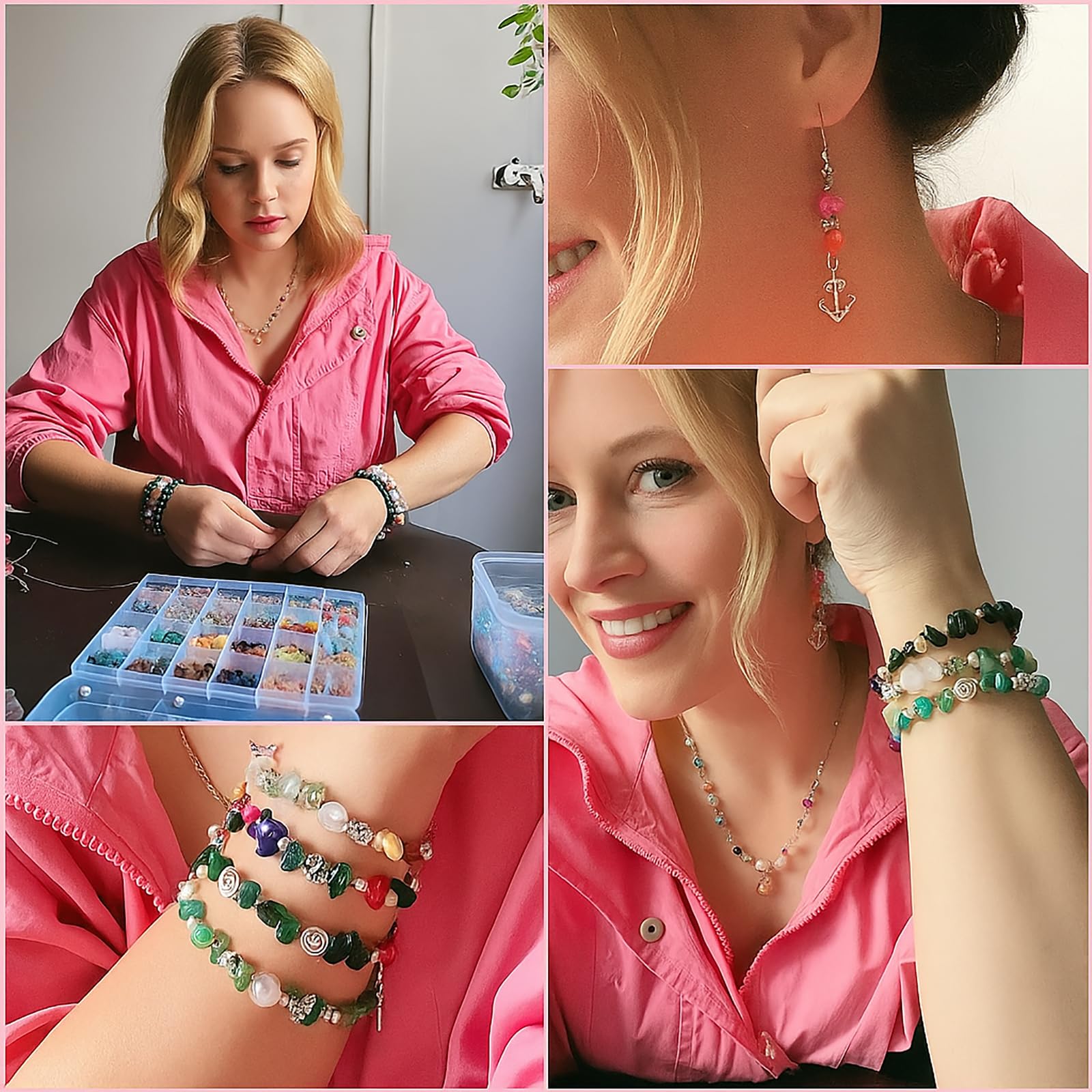 Set per Creare Gioielli con 24 Colori 1073 Perline di Pietre Preziose di Forma Naturale con Foro, Perline di Pietra da 5-7 mm per Gioielli Fai da Te, Bracciali, Collane e Orecchini, Set di Perline di