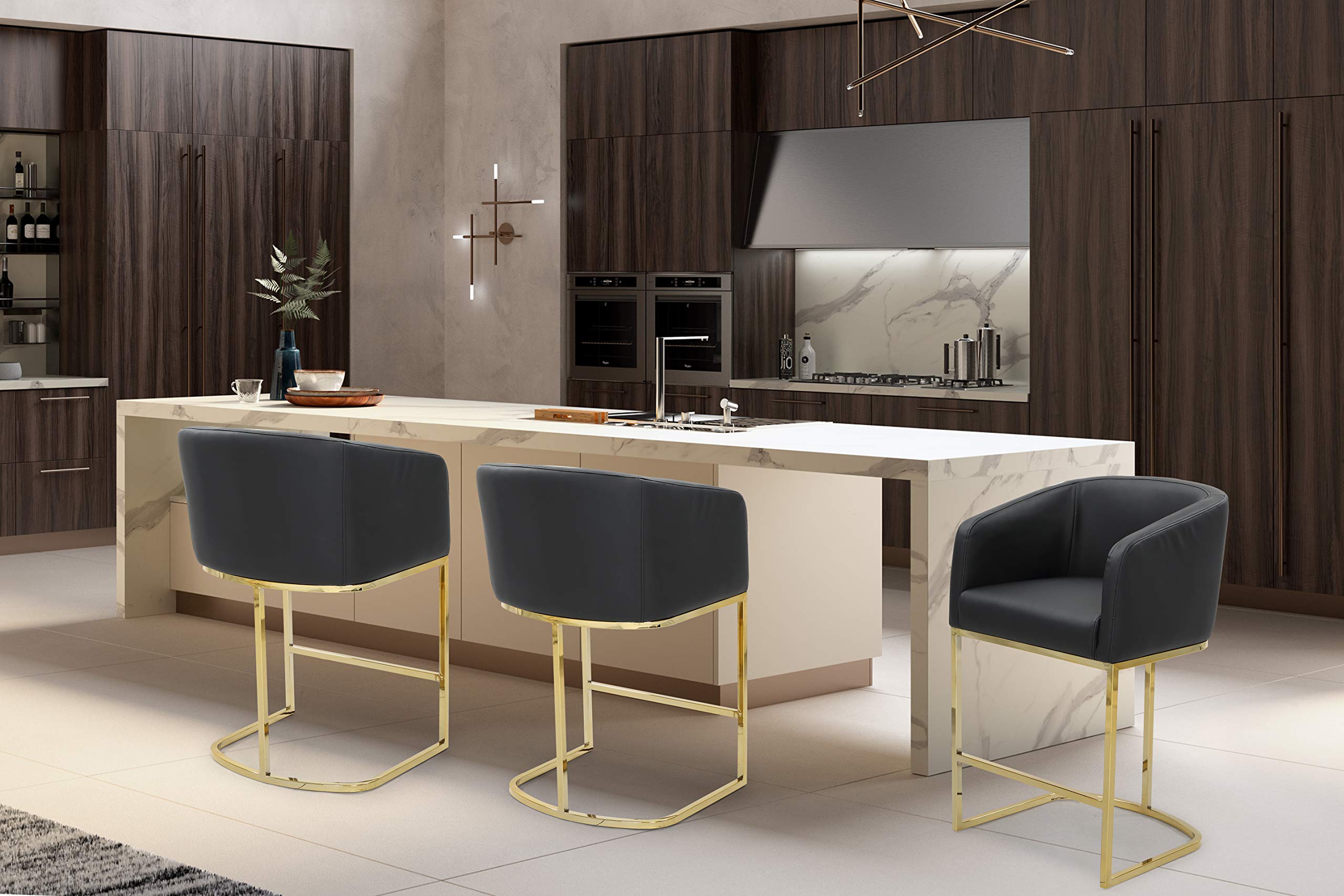 Iconic Home Tess Counter Stool Chair PU Leather Upholstered Shelter Arm Design Half-Moon Goldtone Solid Metal U-Shaped Base Modern Contemporary, Black