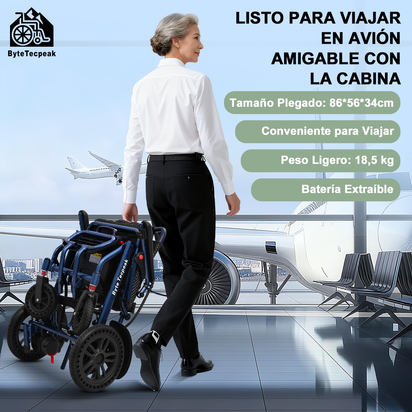 【Versión Mejorada】D14 Silla de Ruedas Eléctrica Plegable para Personas Mayores, Autonomía de 25km, 500W Motor, Cojín de asiento engrosado, Apta para Viajes y Estándares de Embarque (D14-Azul)