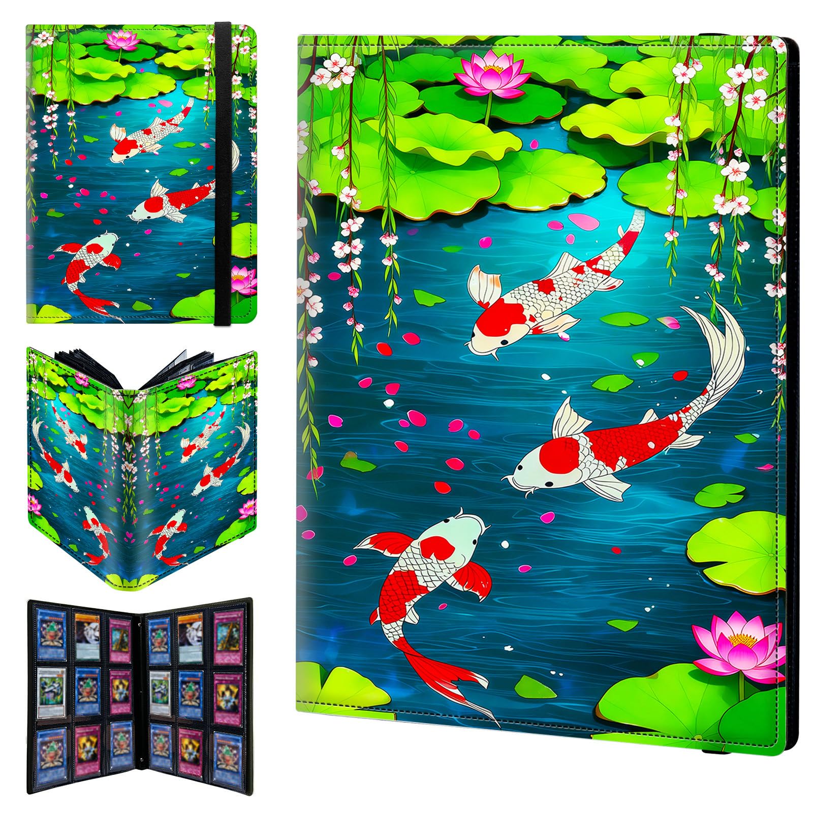 9 Pocket Trading Card Binder 720 Side Loading Pocket Album with Lotus Flowers and Carps Pattern Design Card Binder for Sports Cards & Game Cards