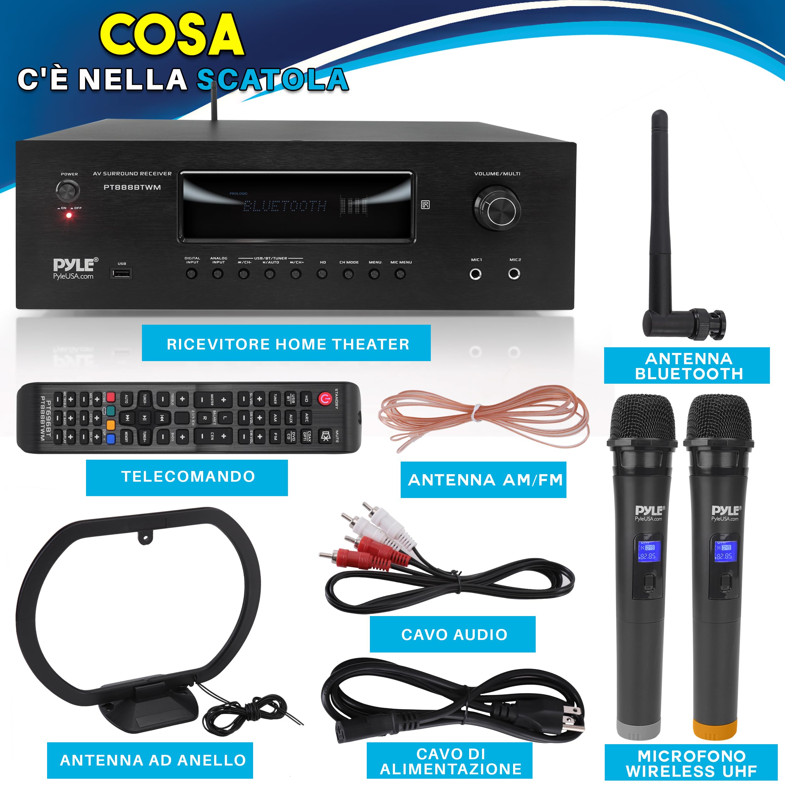 Pyle Amplificatore Audio Karaoke Bluetooth 1000 Watt per Home Theater, Ricevitore Stereo 5.2-Ch con 2 Microfoni UHF, MP3/USB/HDMI/AM/FM, Nero