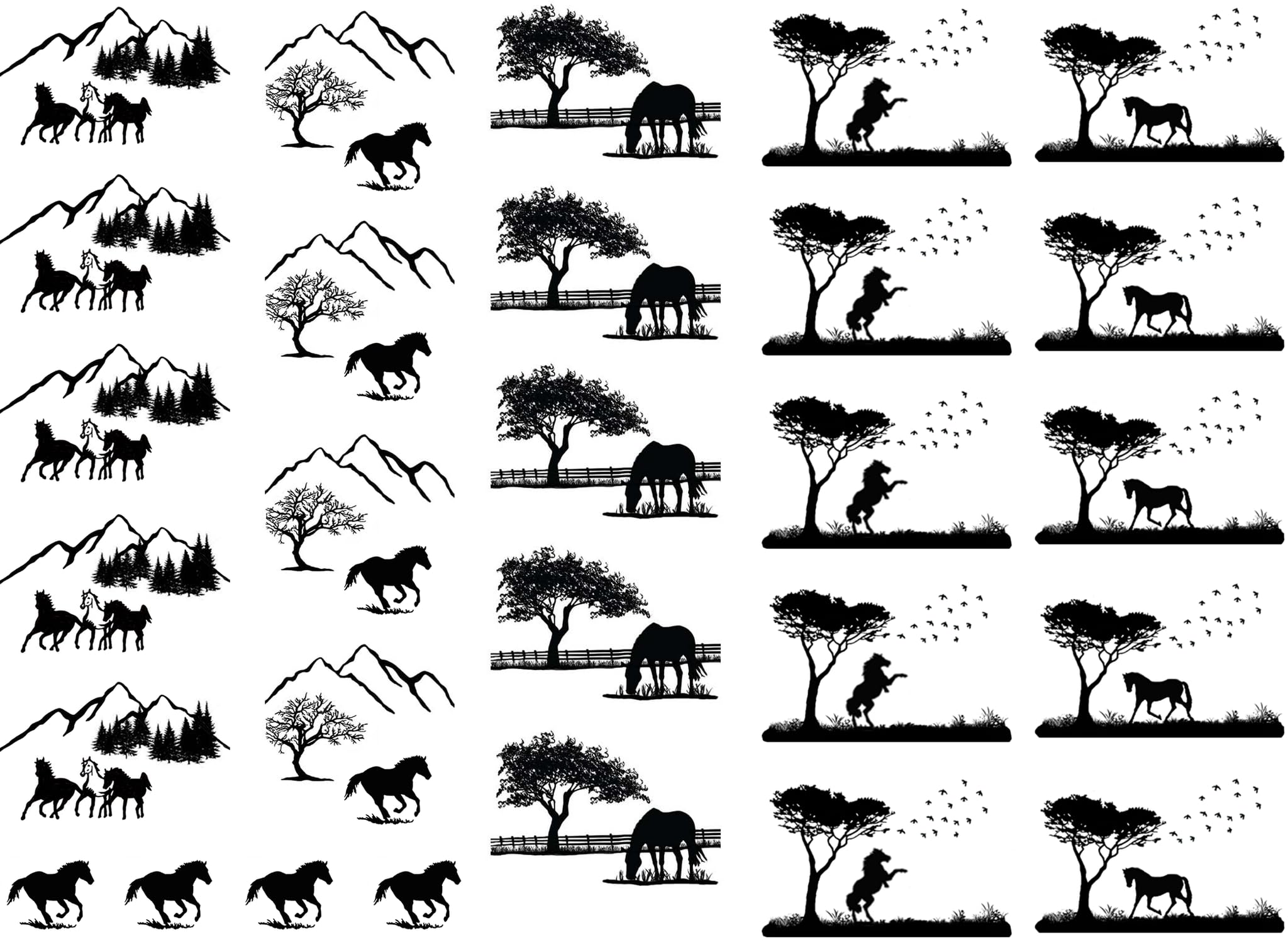 Horse Scenes 23 pcs 1 to 1.25 Inch Black Fused Glass Decals