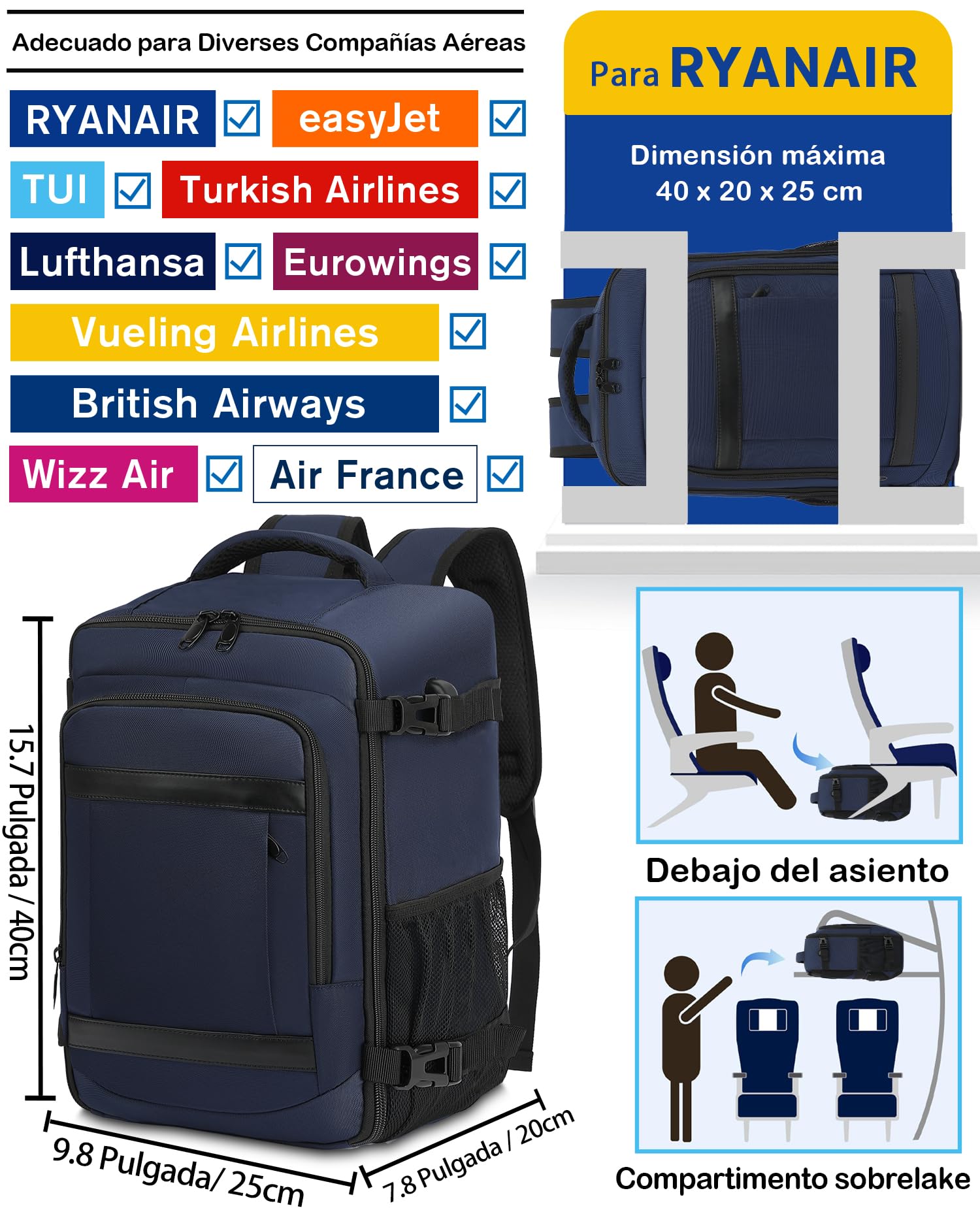 KLOSTAIN Mochila Viaje Cabina Avion 40x20x25 para Ryanair 20L Mochila Cabina Equipaje de Mano Bolso Mochilas Hombre para Port - 1