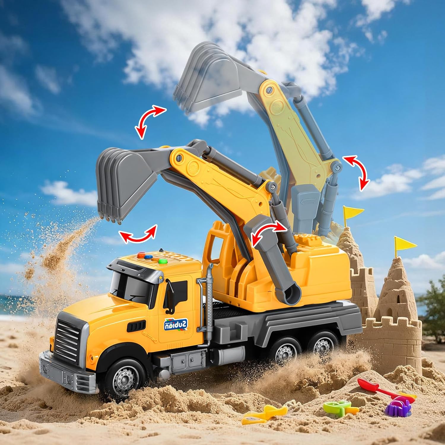 Kids Excavator Toy, 12 in Toddler Excavator Truck, Friction Powered Digger Play Truck with Lights and Sounds, Construction Vehicle Gift for Boys Girls 3 4 5 6 7 8 Year