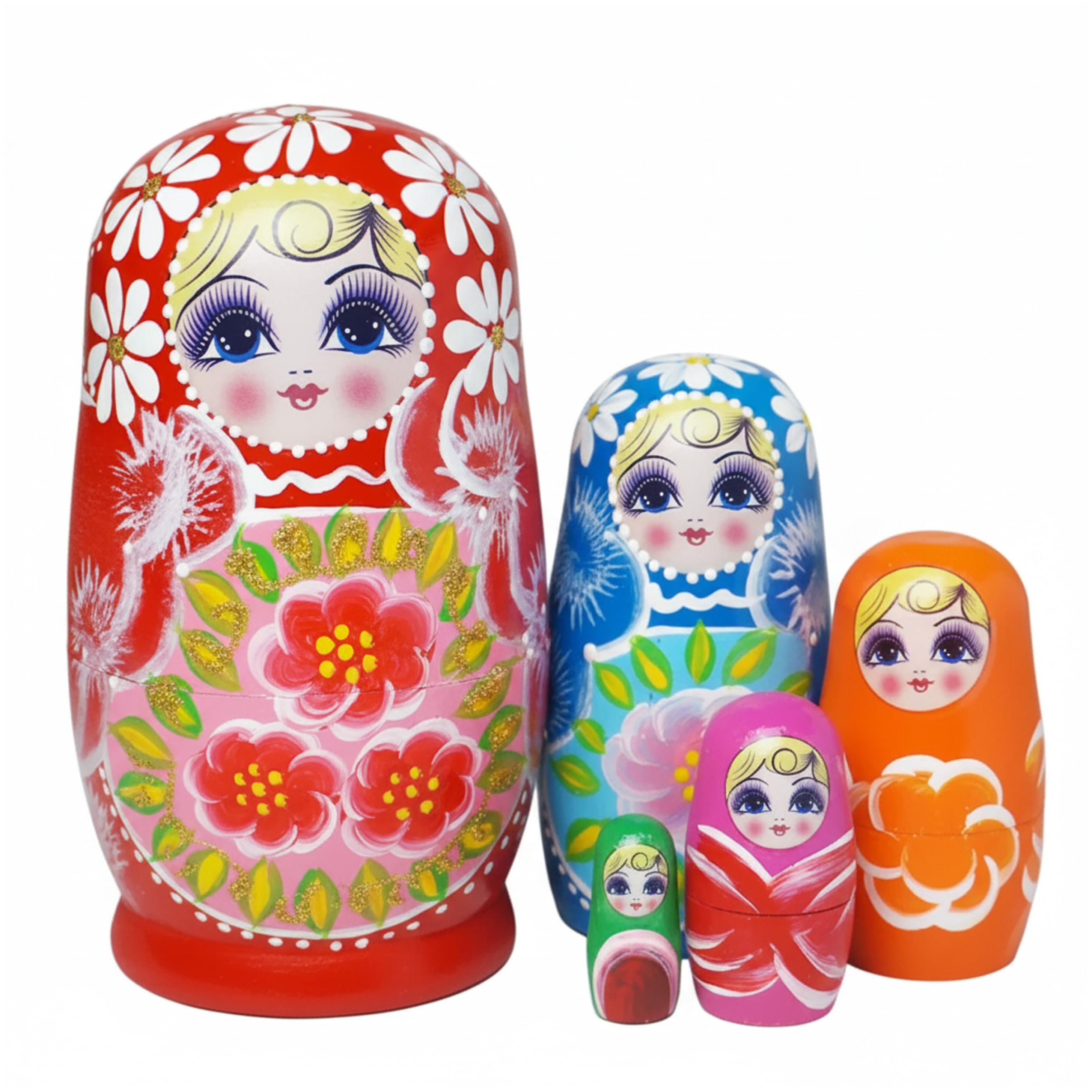 Ameble Russian Dolls, Set Of 5 Russian Matryoshka Dolls - Hand-painted Sunflower Wooden Nesting Toys, Red, 4.33 Inch, for kids, doll, Matryoshka