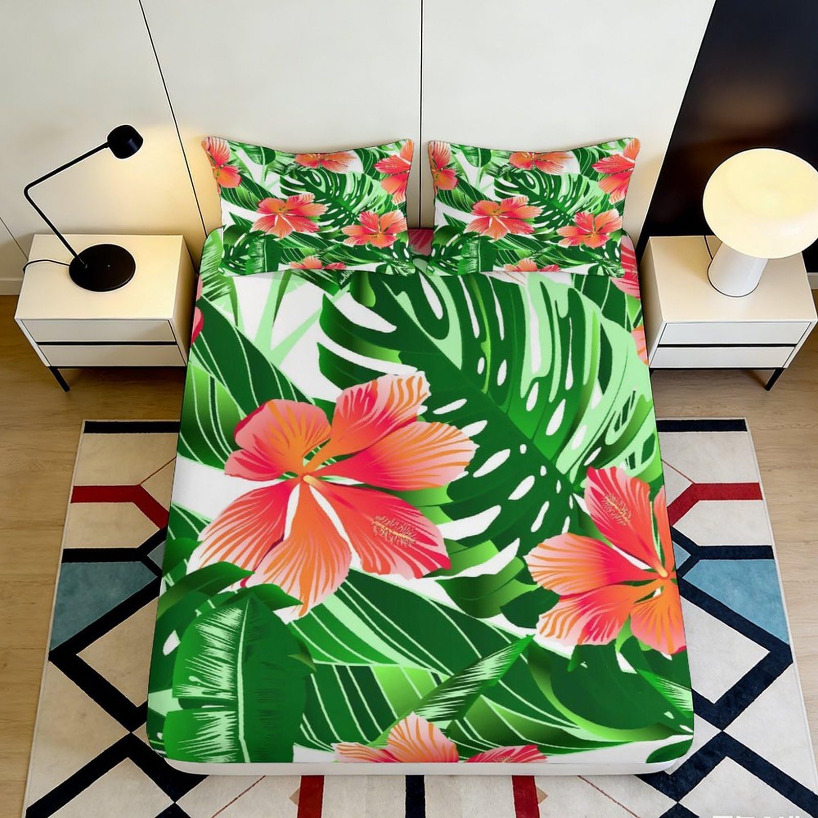 3D Printed Tropical Leaf Fitted Sheet Microfiber Soft Orange Hibiscus Mattress Cover for Bedroom Guest Room Decor 90x200x25cm