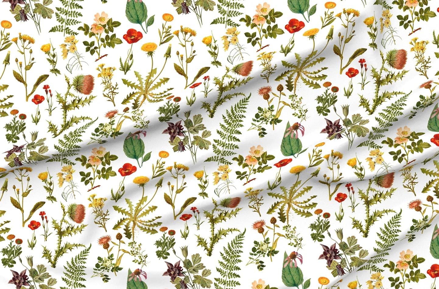 Spoonflower Fabric - Wildflower Botanicals Nature Art Vintage Florals Watercolor Printed on Organic Cotton Sateen Fabric by The Yard - Sewing Quilting Apparel Home Decor