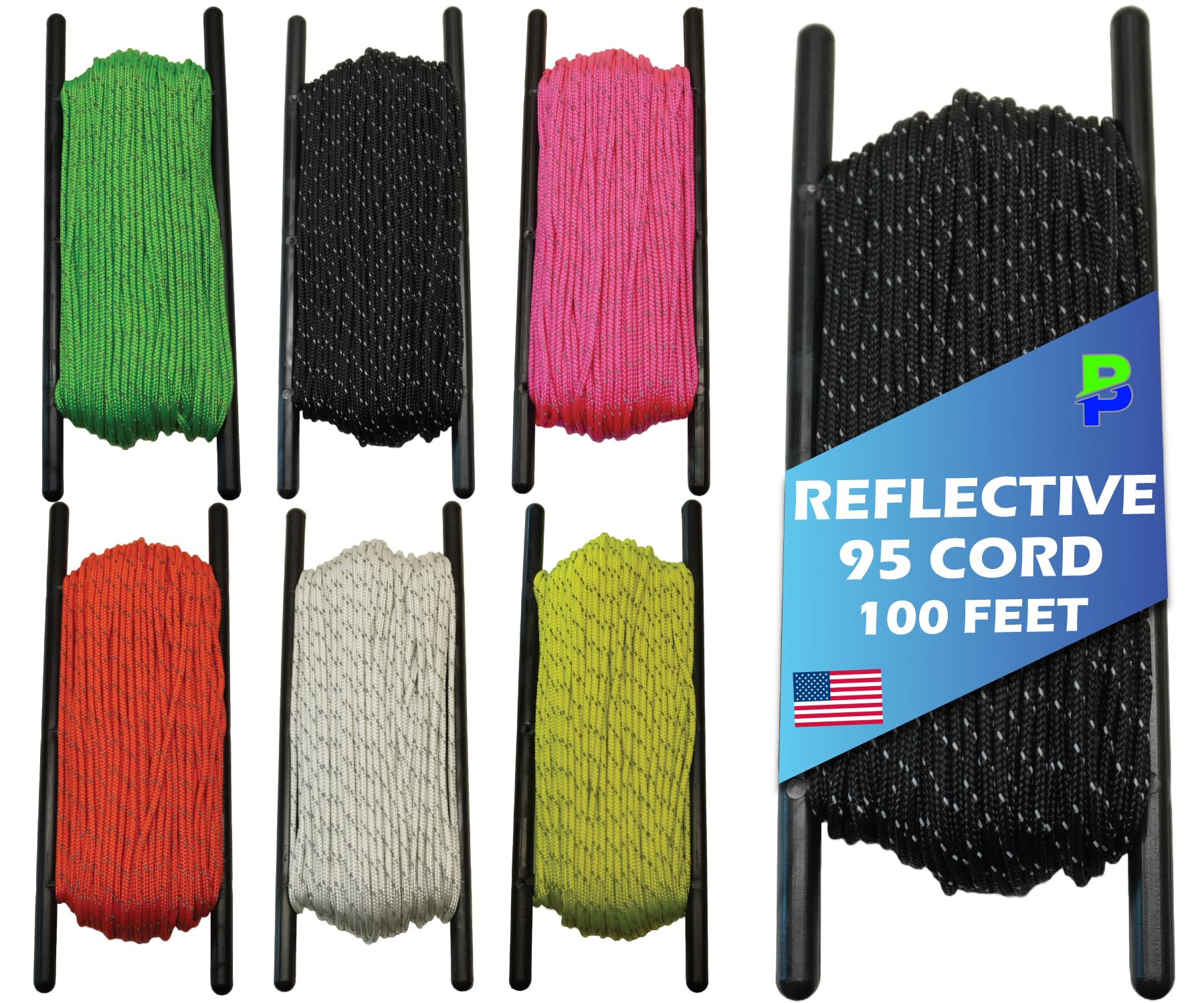 Bored Paracord Reflective 95 Cord - High Visibility Strand - 1.75mm x 100 Feet - Hiking, Camping, Tent Guyline, Running, Biking, Tools - Black
