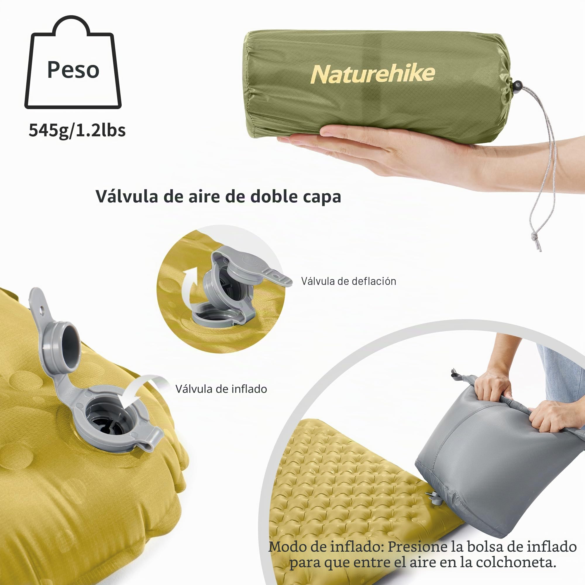 Naturehike Colchón de Aire 3,5 R-Value para Acampada, Colchón de Aire Duradero Autoinflable Ultraligero para 4 Estaciones con Bolsa Inflable