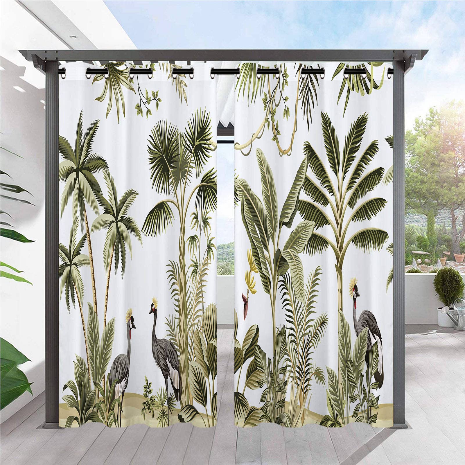 ANHOPE Outdoor Curtains Waterproof Eyelet Ring Top Drapes Rainforest Jungle Palm Tree Bird Print Pattern Privacy Outside Curtains for Garden Patio Gazebo Pergola Porch Pool 2 Panels 36 x 84 Inch โ image 1