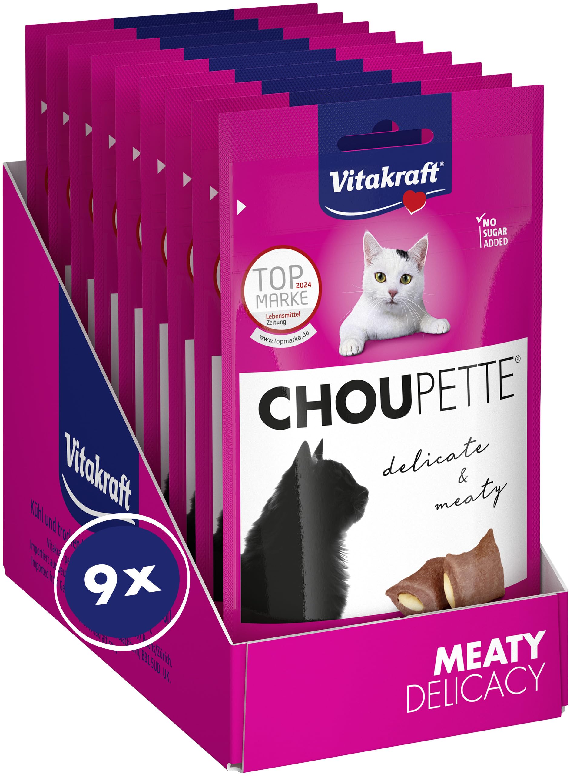 Vitakraft Choupette, przekąska dla kota, z nadzieniem serowym, mięsiste przekąski, bez dodatku cukru, w zamykanym woreczku (9 x 40 g)