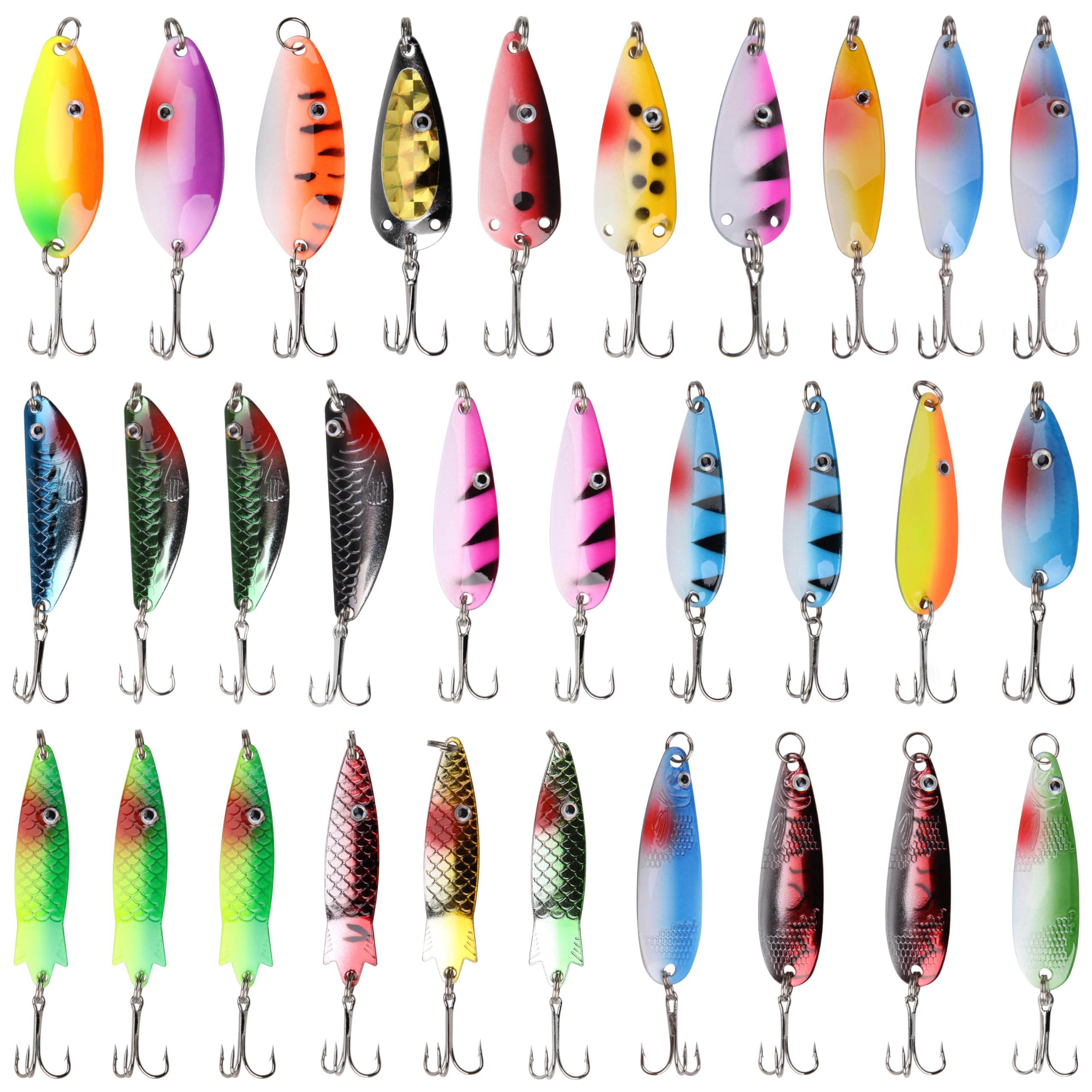 Fishing Spoons Metal Fishing Lures Kit, 30pcs Spinner Baits Pike Trout Spoons Walleye Lures Colorful Casting Trolling Lures with Treble Hooks for Bass Pike Walleye Salmon Crappie