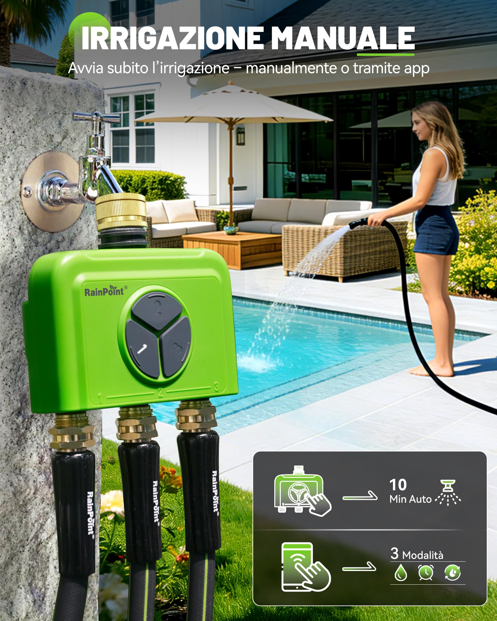 RAINPOINT Centralina Irrigazione WiFi 3 Zone con Hub, Timer Irrigazione WiFi, Ingresso in Ottone, Controllo App e Vocale, Ritardo Pioggia Automatico per Giardino e Prato