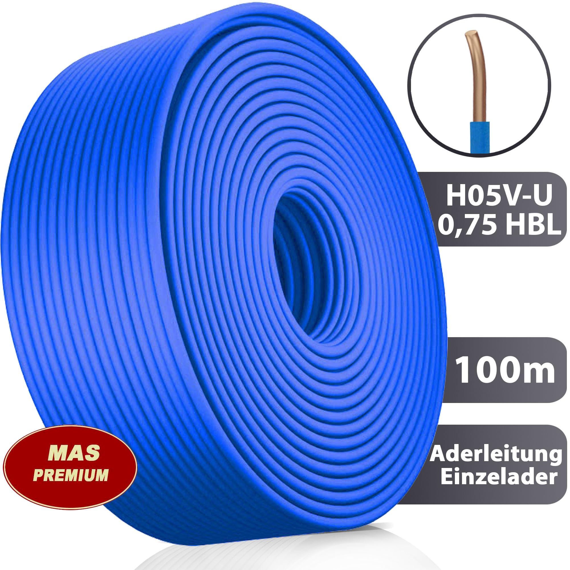 MAS Premium 5 – 100 m cavo cavo rigido H05 V-U 0,5 o 0,75 cavo singolo fisso (H05 V-U 0,75 HBL, 100 m)