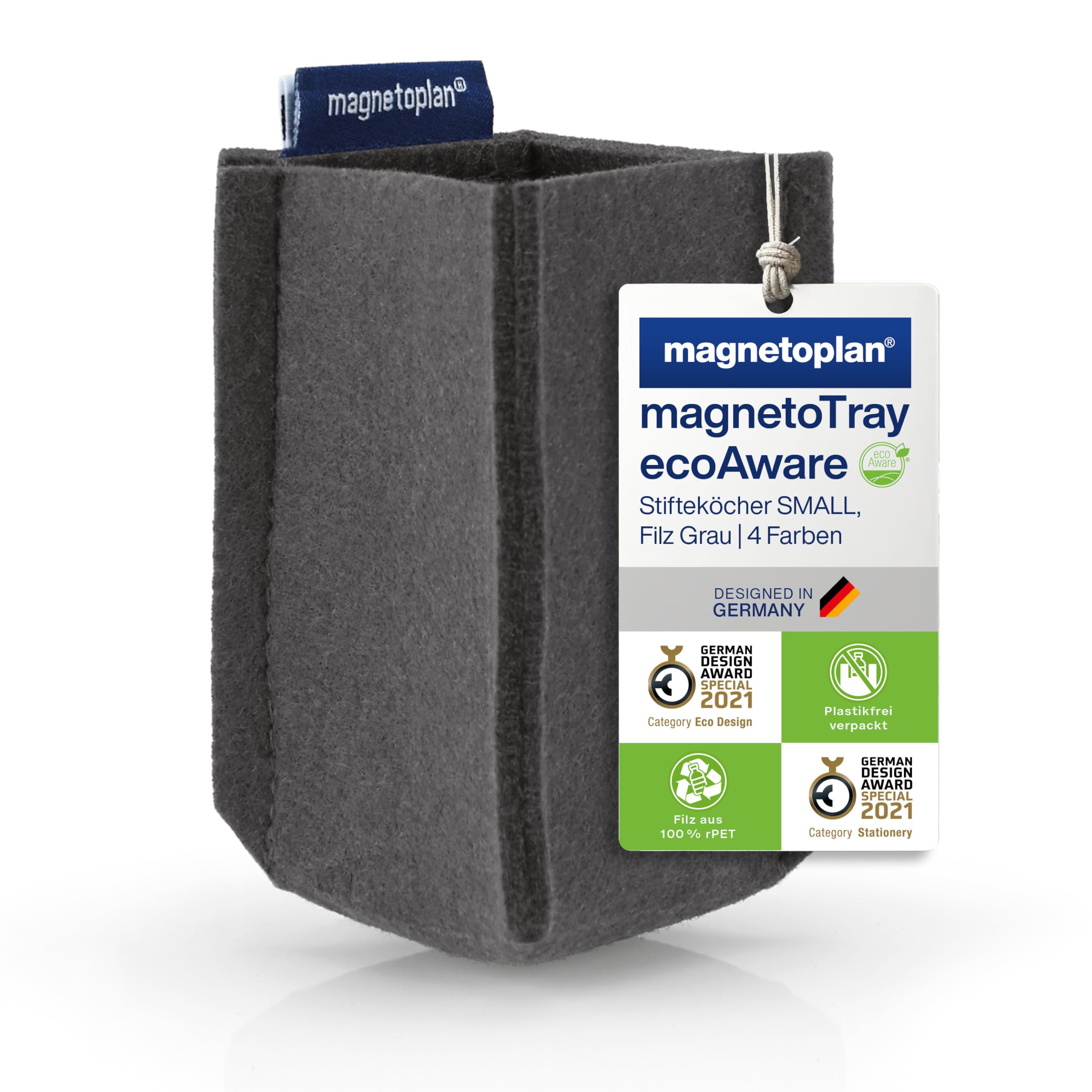 magnetoplan magnetoTray ecoAware Small Magnetic Felt Pen Holder, 6 x 10 x 6 cm, Grey Pen Holder Made from Recycled PET Bottles