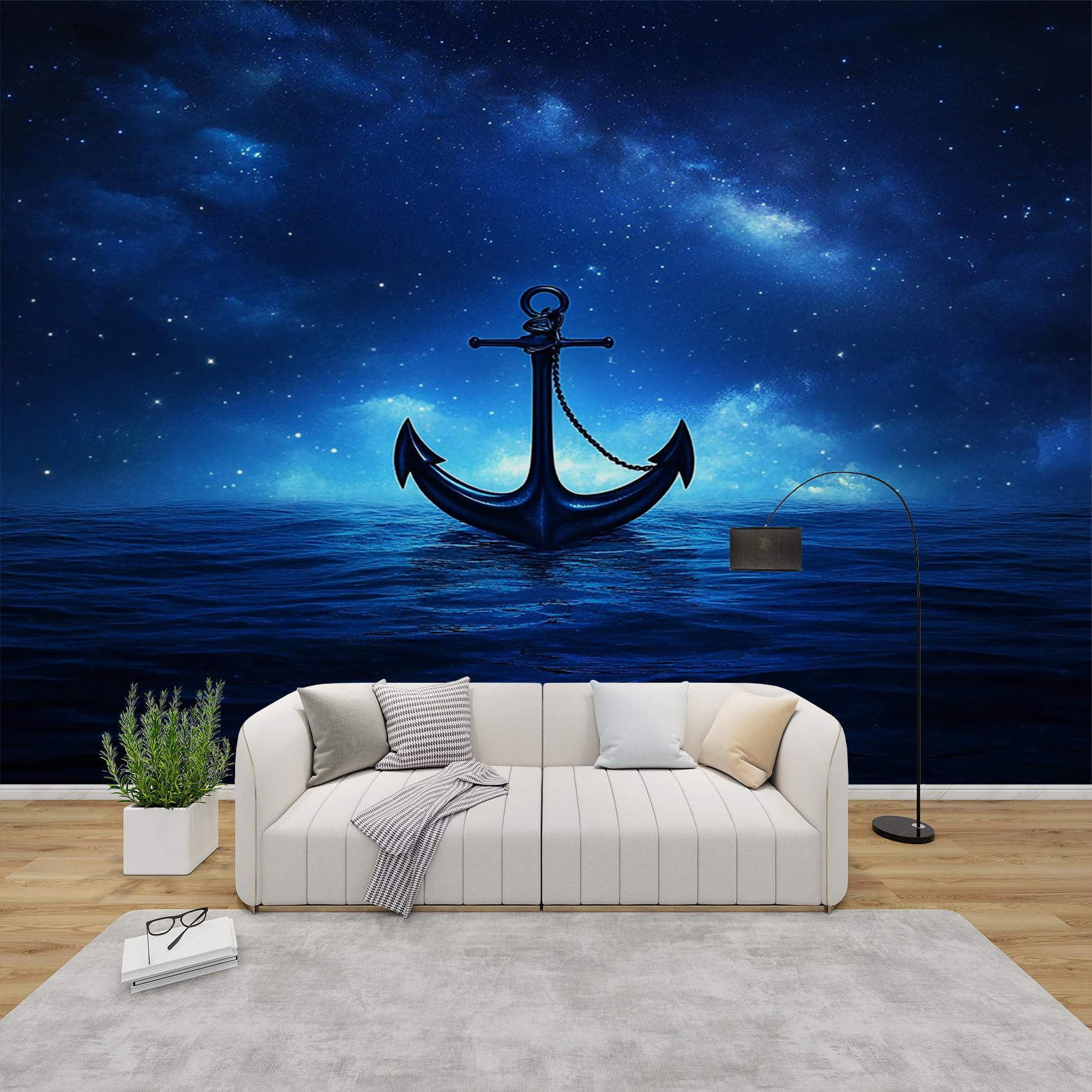Fototapete Anker Schlafzimmer, 3D Tapete Nautisch Meer, Vliestapete Blau, Tapeten Wohnzimmer Muster, Sternenhimmel Küste Wand Deko Kinderzimmer, Wandtapete, Mustertapete 416x254 cm