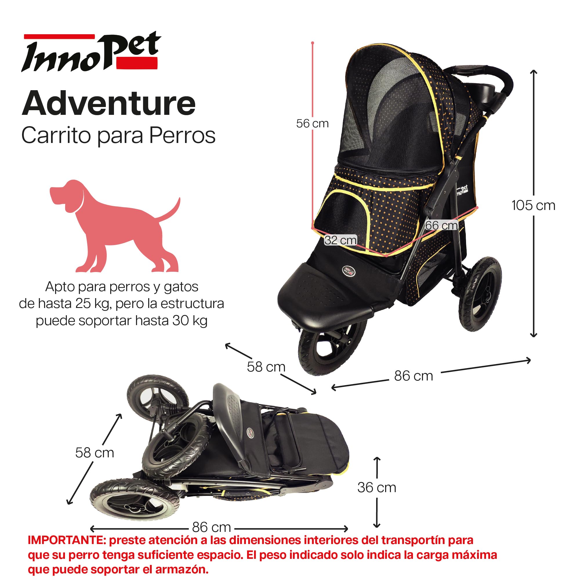 Innopet Adventure negro/amarillo - Cochecito todoterreno para perros hasta 30kg, ruedas EVA antipinchazos de 12”, plegado rápido, portavasos y cesta amplia