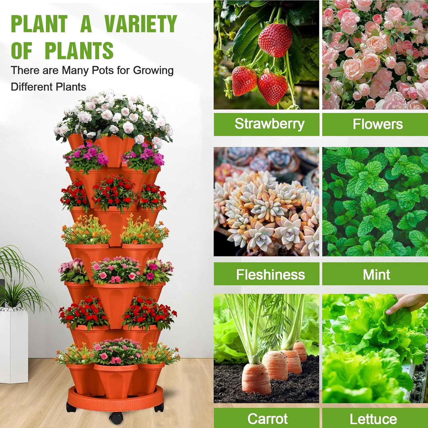 Vertical Strawberry Planter 7 Tier Stackable Tower Herb Planters Stacking Outdoor Garden Red Planters Pot with Tools Mover for Growing Flowers, Vegetables and Succulents
