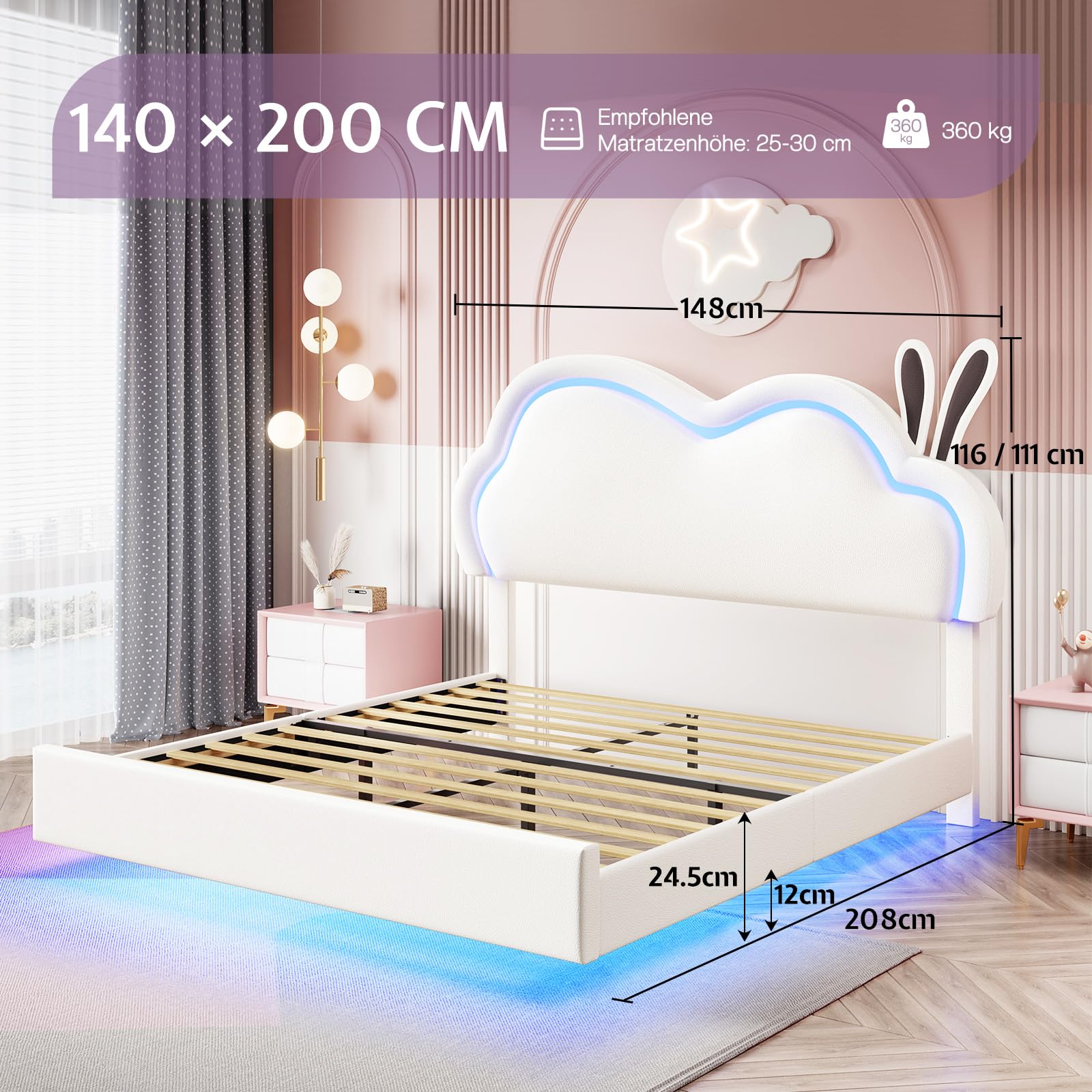 LUXOAK Hasen Kinderbett 140x200cm mit LED-Lichtern, Leder Polsterbett Weiß | Wolken-Kopfteil mit Hasenohren | höhenverstellbar + steuerbare LED | sicheres schwebendes Design | bis 360kg belastbar