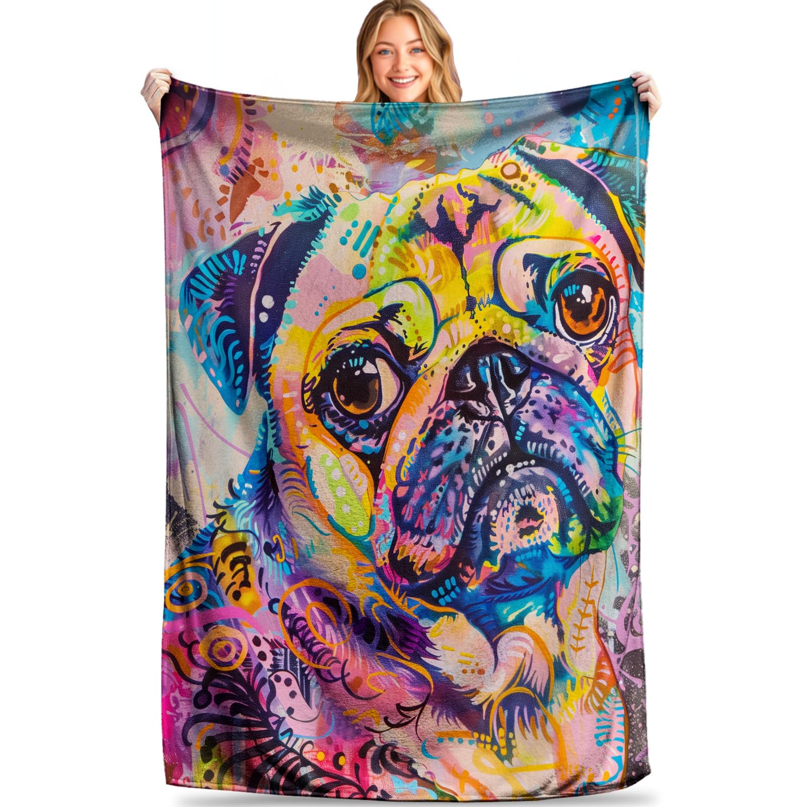 MIEPOS Colorful Pug Blanket, Soft, Cozy, and Lightweight Flannel Throw Blanket for Couch, Office, Travel, Fuzzy, Fluffy, Plush, and Warm Decorative