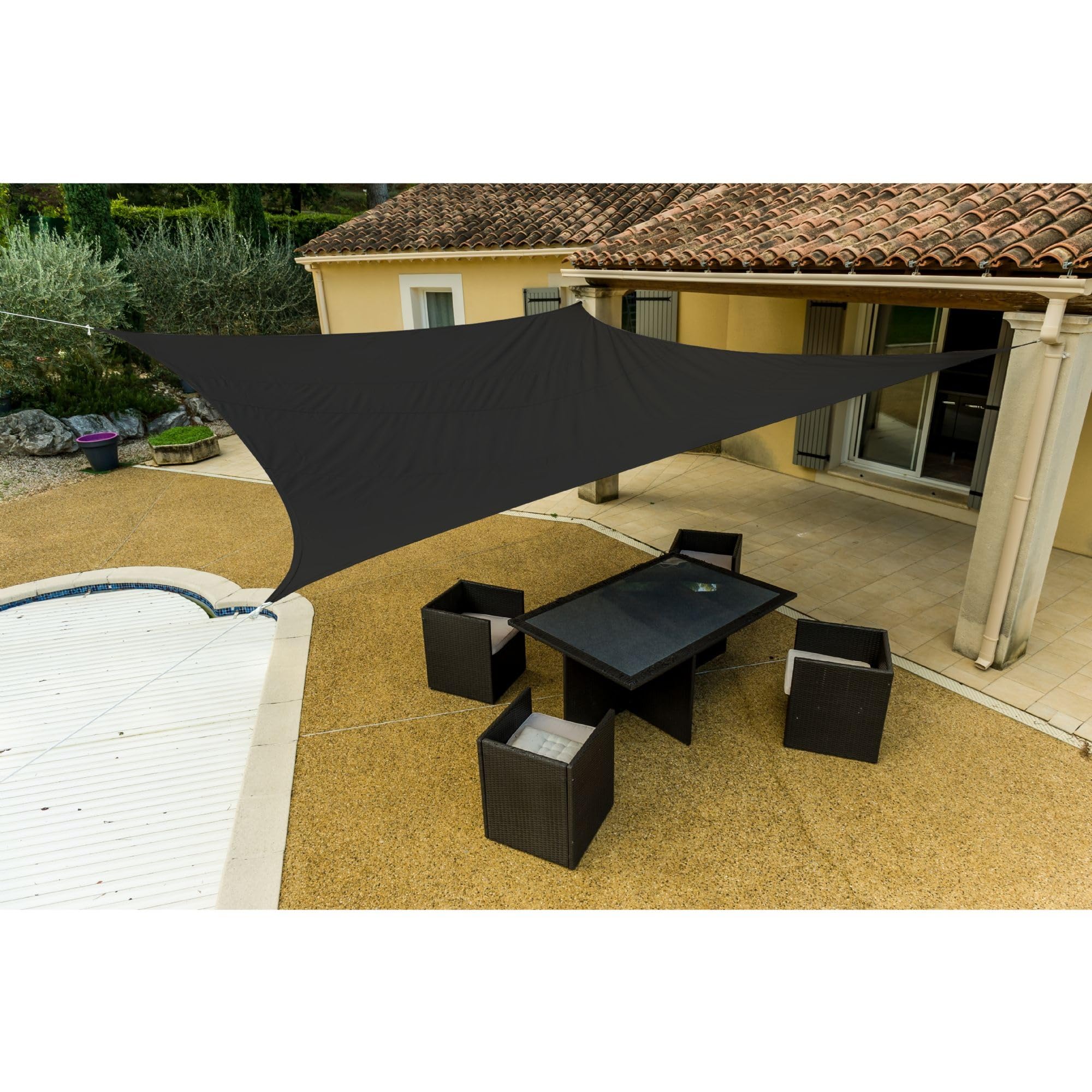 Voile d'ombrage grise de terrasse carrée 5x5m en tissu polyester imperméabilisé