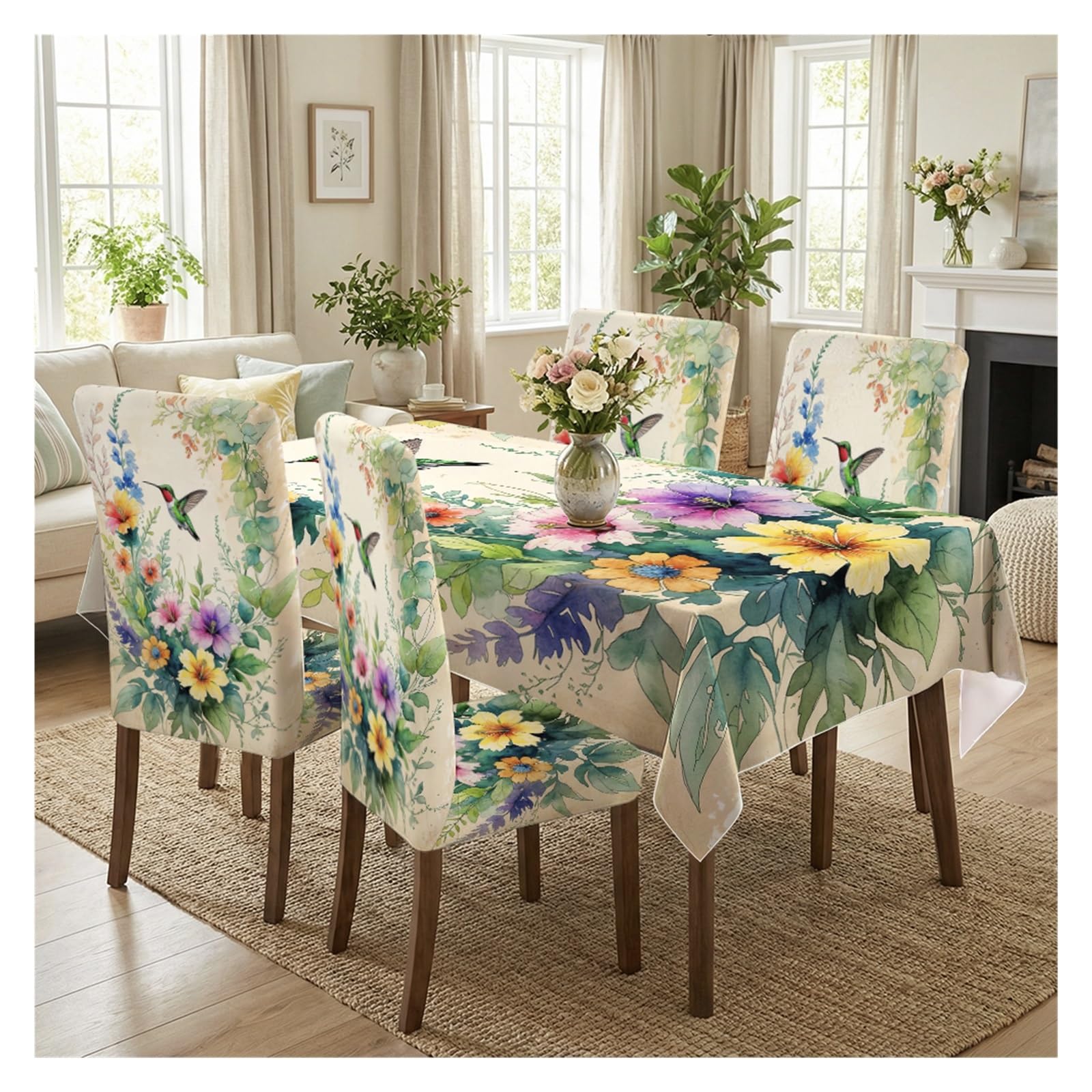 BOSUYBN Watercolor Hummingbird Wild Floral Printed Dining Tablecloth & Chair Covers Set, 5/7 Piece Boho Fresh Garden Home Decor Table Setting(5pcs Set: Tablecloth+Chair Covers)