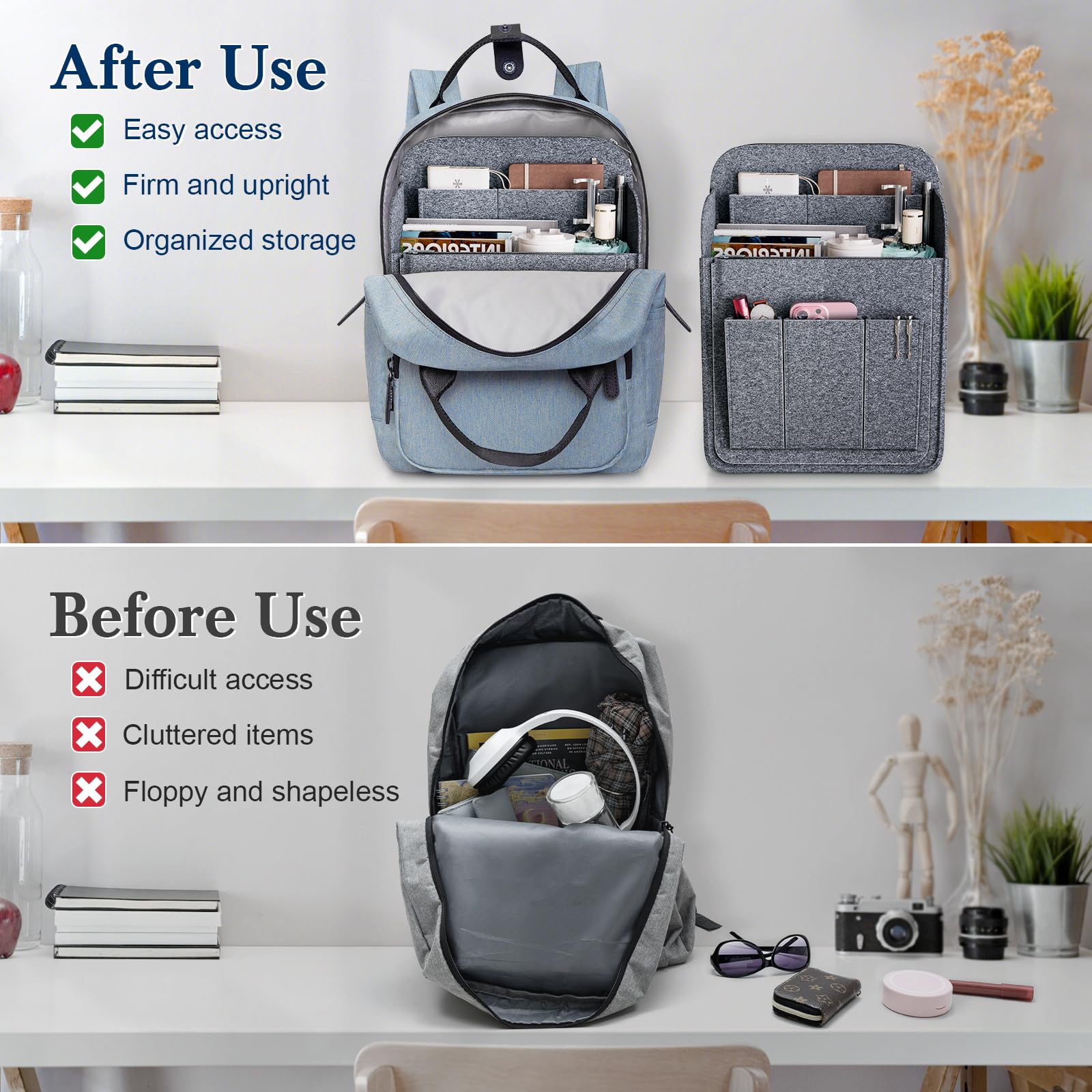Organizador de Almacenaje y Fieltro para Mochila, Organizador de Bolso, Gris, X-Large