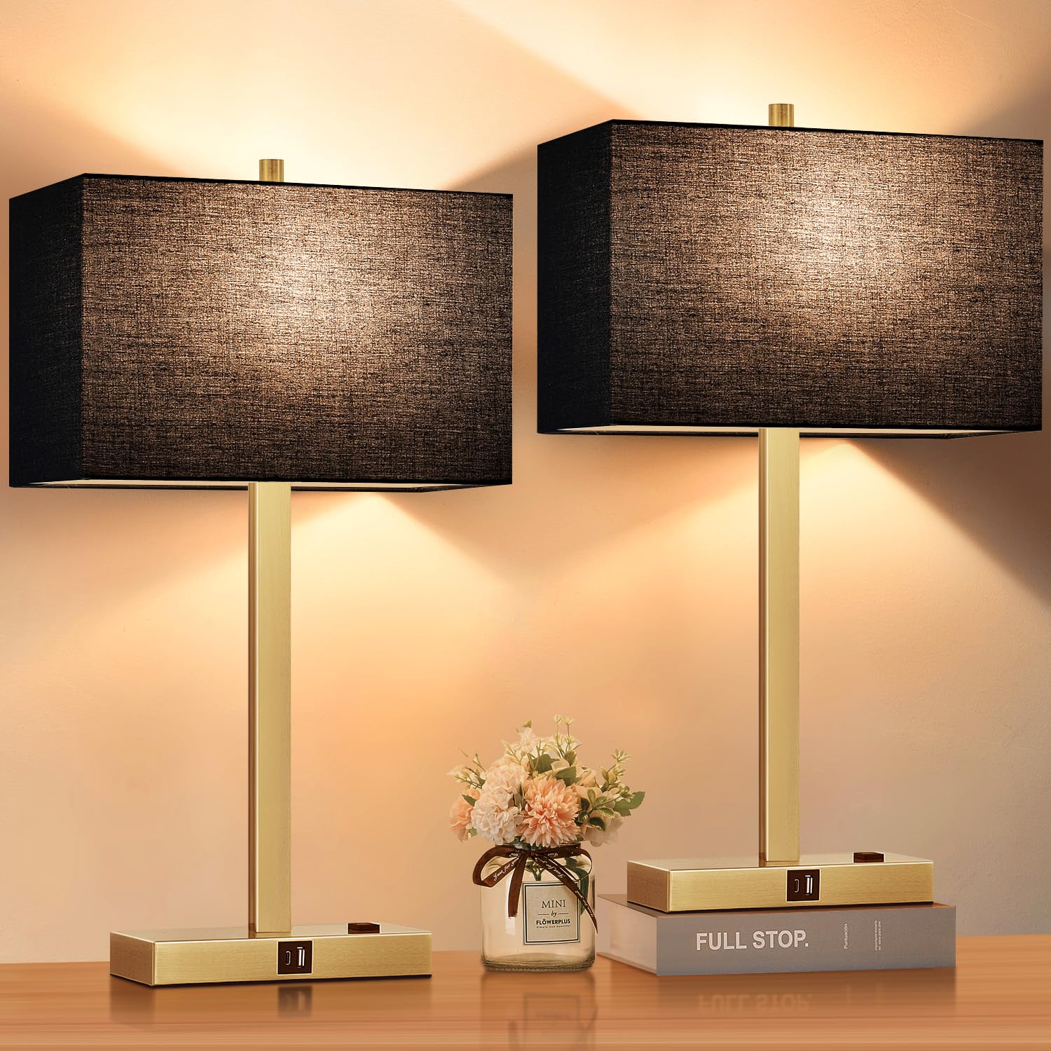 Photo 1 of Lynnoland 21" Set of 2 Bedside lamp with USB A+C & AC Outlets, Touch Control 3-Way Dimmable Nightstand Lamps for Bedroom Living Room Office Reading, Black Shade Touch Lamps, 3000K LED Bulbs Included
