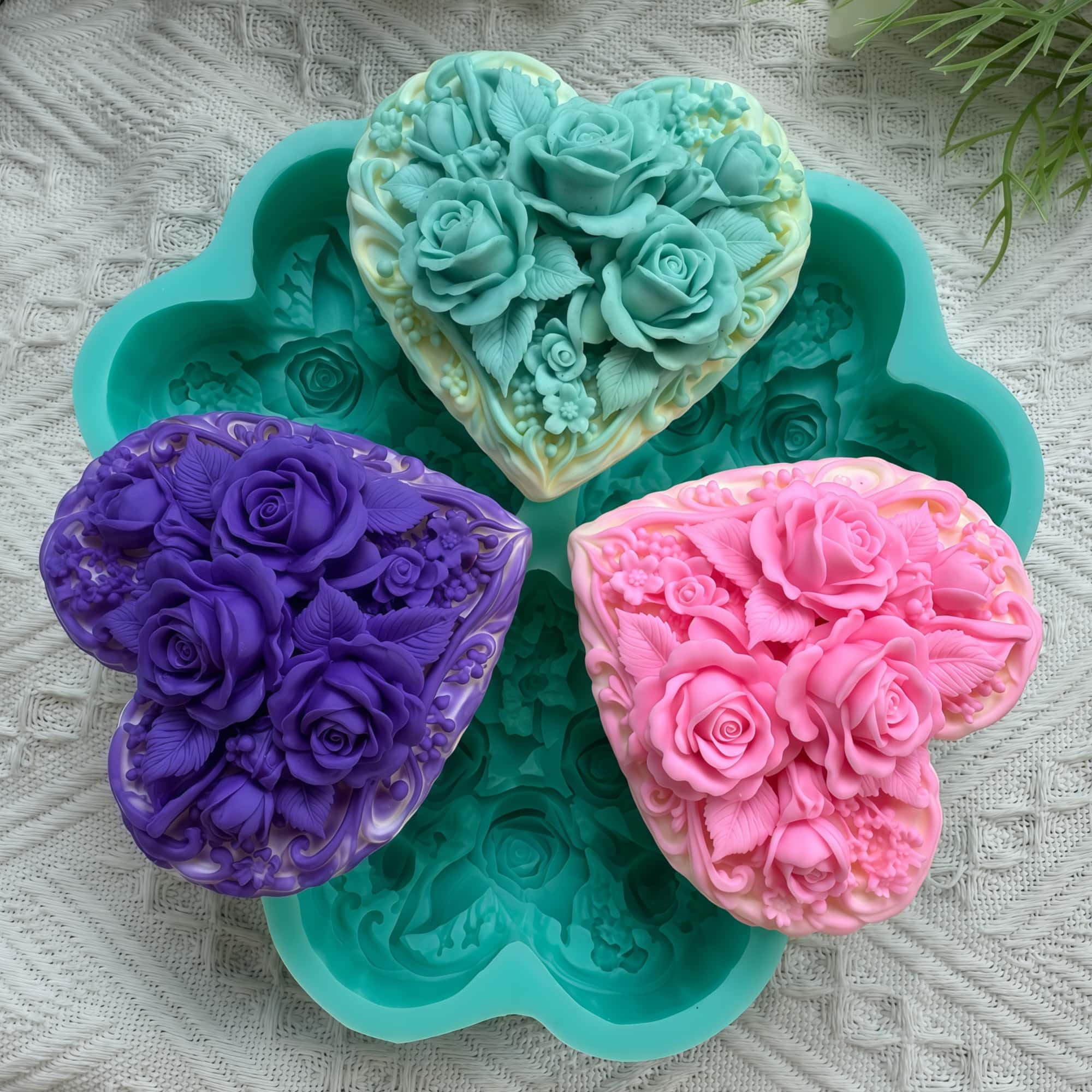 Molde de silicona de corazón de 3 cavidades con diseño de rosas en relieve, molde grande para jabón hecho a mano, fabricación de velas, arte de resina, chocolate, cera derretida, yeso aromático y