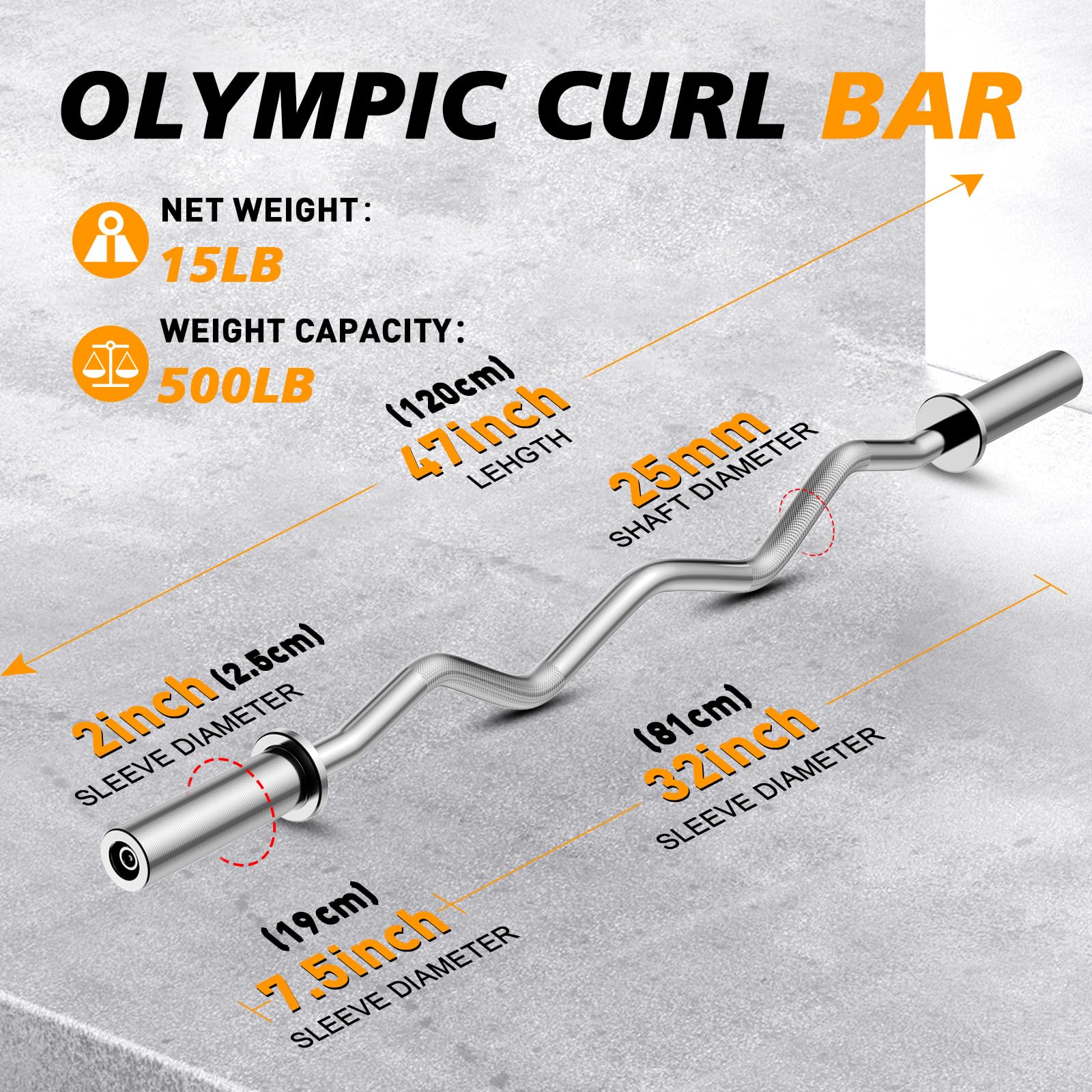 Olympic EZ Curl - Barra per bilanciere, 119,4 cm, 5,1 cm, per sollevamento pesi, spinte dell'anca, squat, bicipiti, palestra, barra curva cromata per dischi da 5,1 cm, 2 collari a molla (capacità di