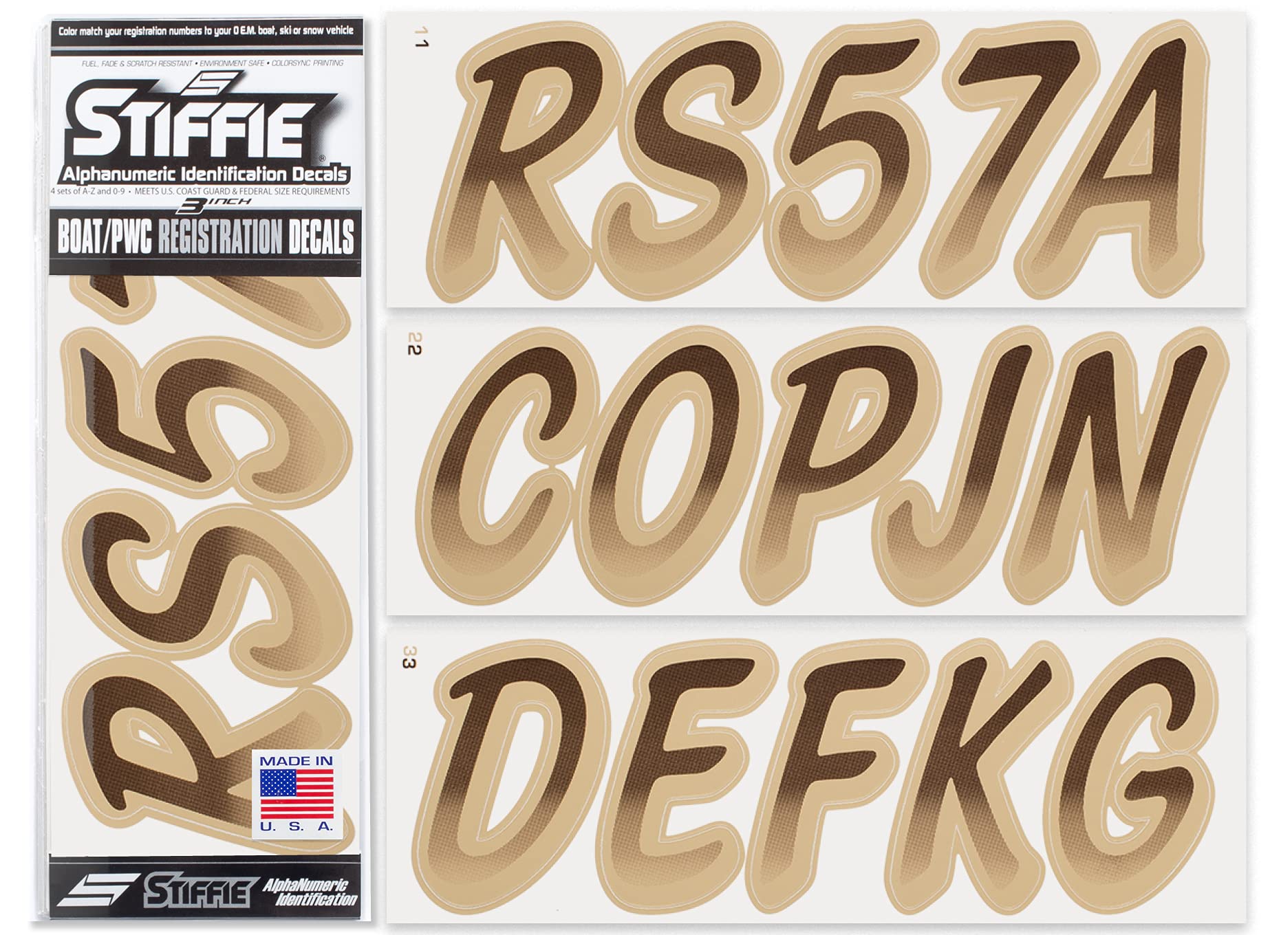 STIFFIE Whipline Brown/Tan 3" Boat &amp; PWC Registration Decals • Numbers Letters Stickers